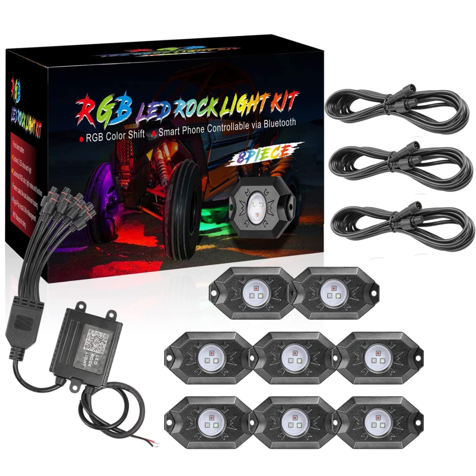 Teochew 8 Pods LED Rock Lights with 3 PCS 4-Pin Extension Wires - Waterproof Off-Road Lighting for Trucks, Jeeps & ATVs - Perfect for Night Driving, Camping & Outdoor Adventures