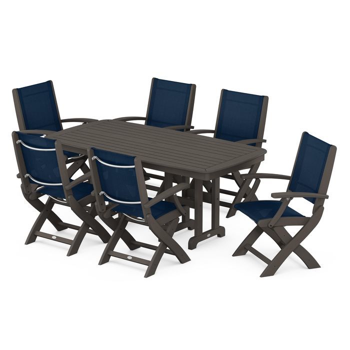POLYWOOD Coastal Folding Arm Chair 7-Piece Outdoor Dining Set - Perfect for Patio, Deck, Poolside & Beachfront Entertaining
