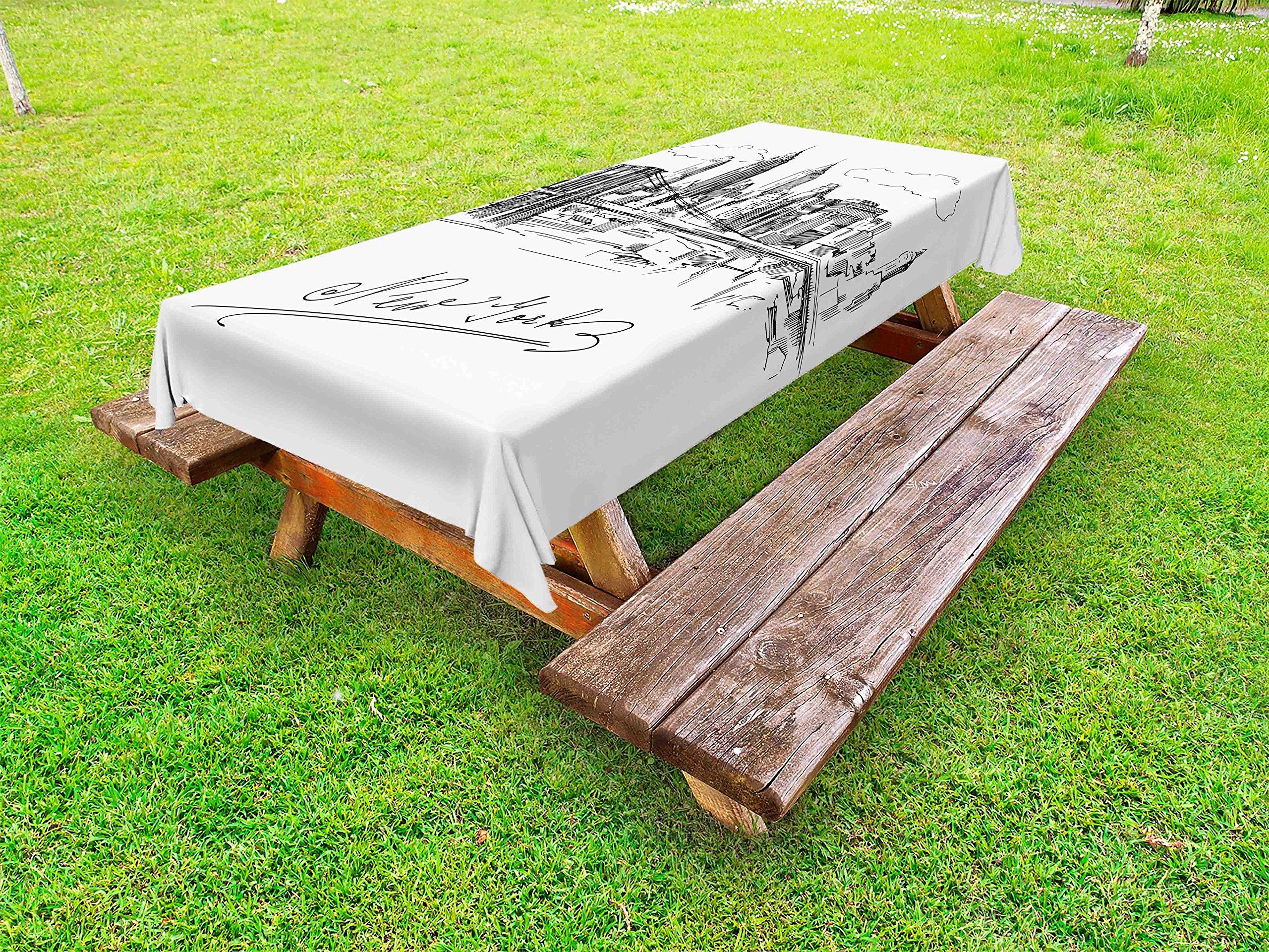 Lunarable NYC Outdoor Tablecloth - New York City Skyline Monochrome Sketch Design, Washable Picnic Table Cover 58x104 Inches, Black & White - Perfect for Outdoor Dining, Picnics, BBQs and Patio Decor