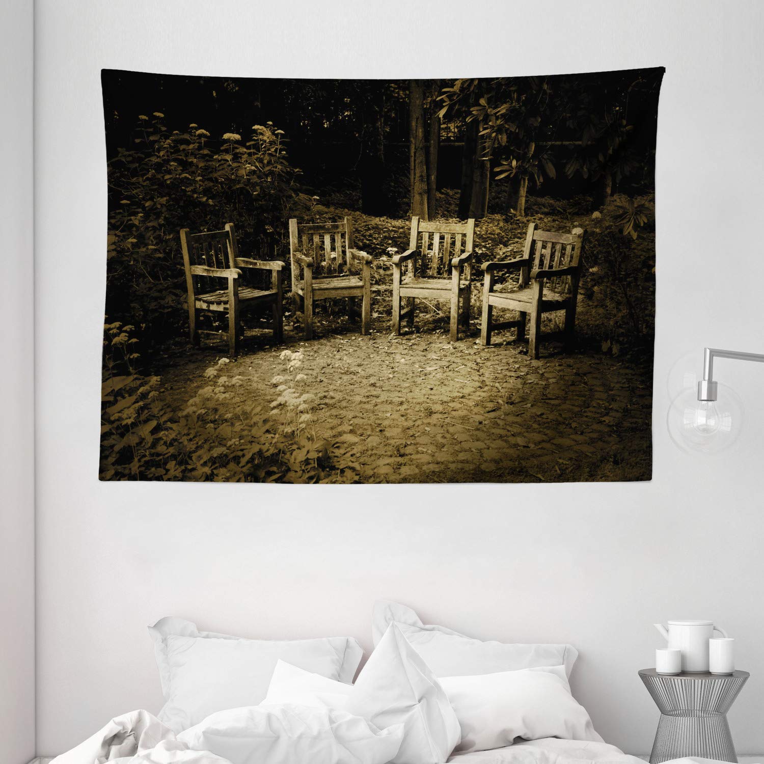 Ambesonne Hobbit Tapestry Wall Hanging - Rustic Wooden Chairs in Hobbit Land New Zealand Sepia Art Print, 80x60 Inch Brown Decor for Bedroom, Living Room & Dorm - Perfect for Fantasy Themed Rooms & Lord of the Rings Fans