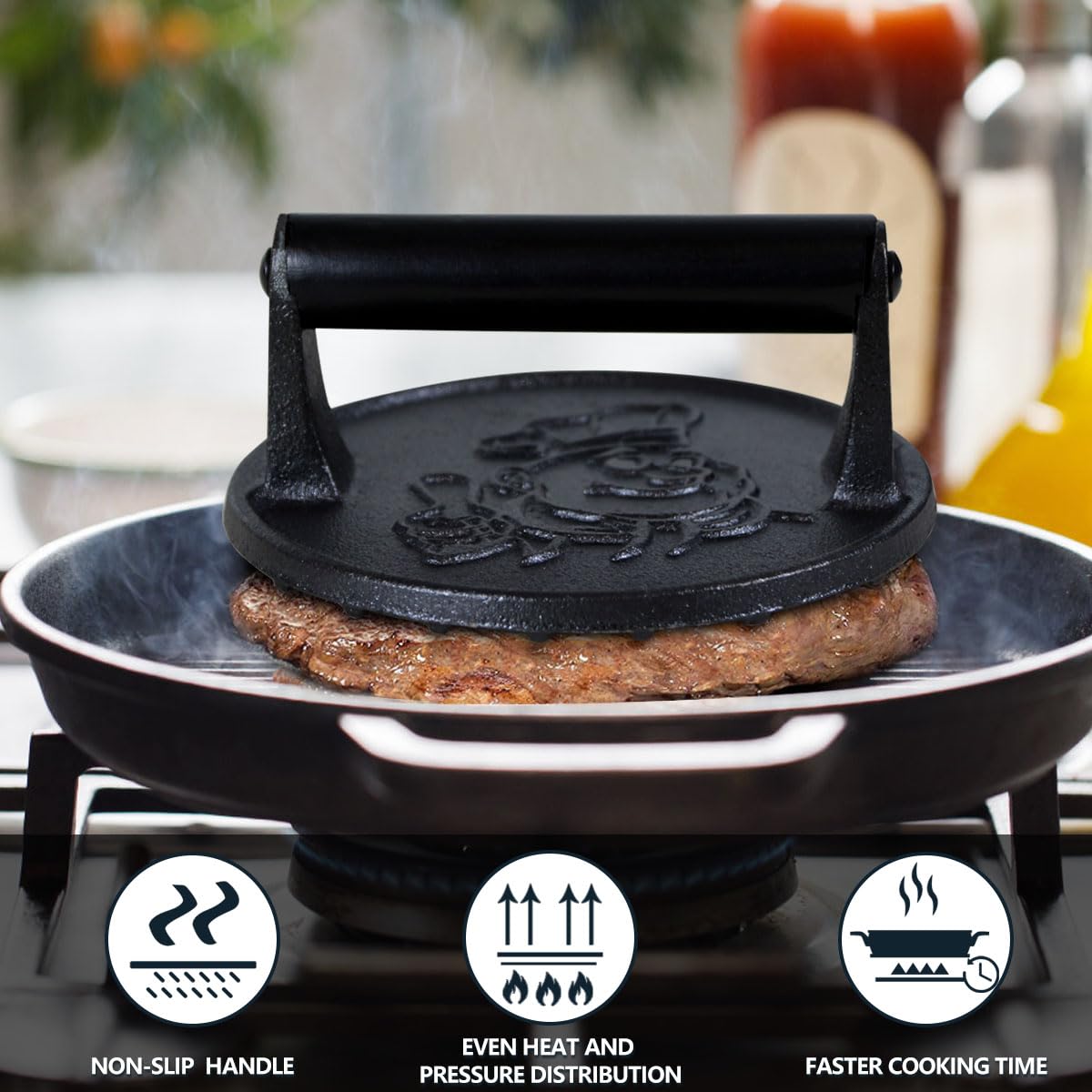 Heavy Duty 6 Inch Cast Iron Smash Burger Press with Heat Insulation Handle - Bacon Press, Sandwich Press & Round Grill Press for Griddle - Includes 50 PC Patty Papers - Perfect for BBQ, Backyard Grilling & Restaurant Use