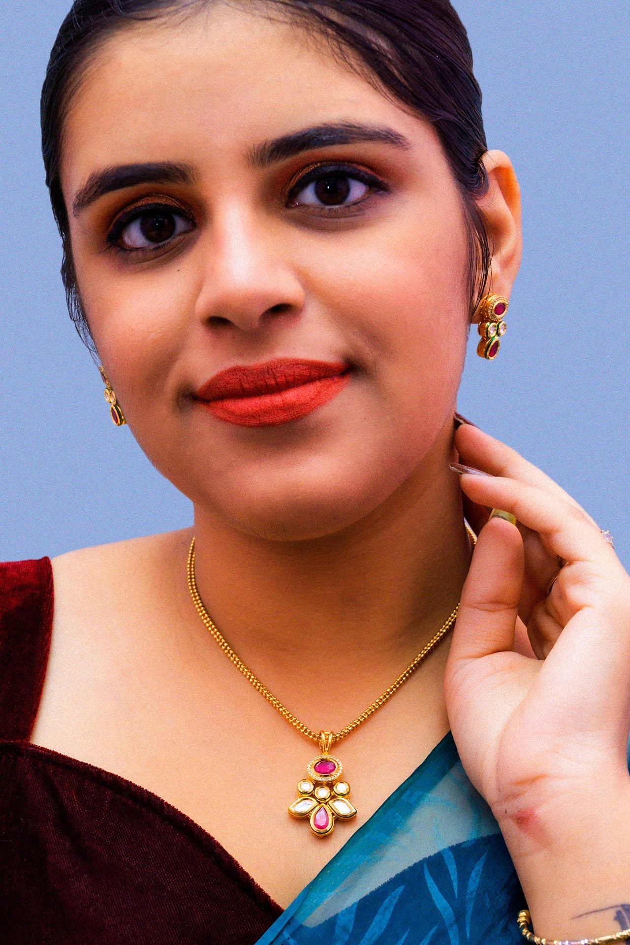 Exquisite Gold Plated Royal Kundan Pendant Necklace Set (D879) - Perfect for Weddings, Parties & Special Occasions