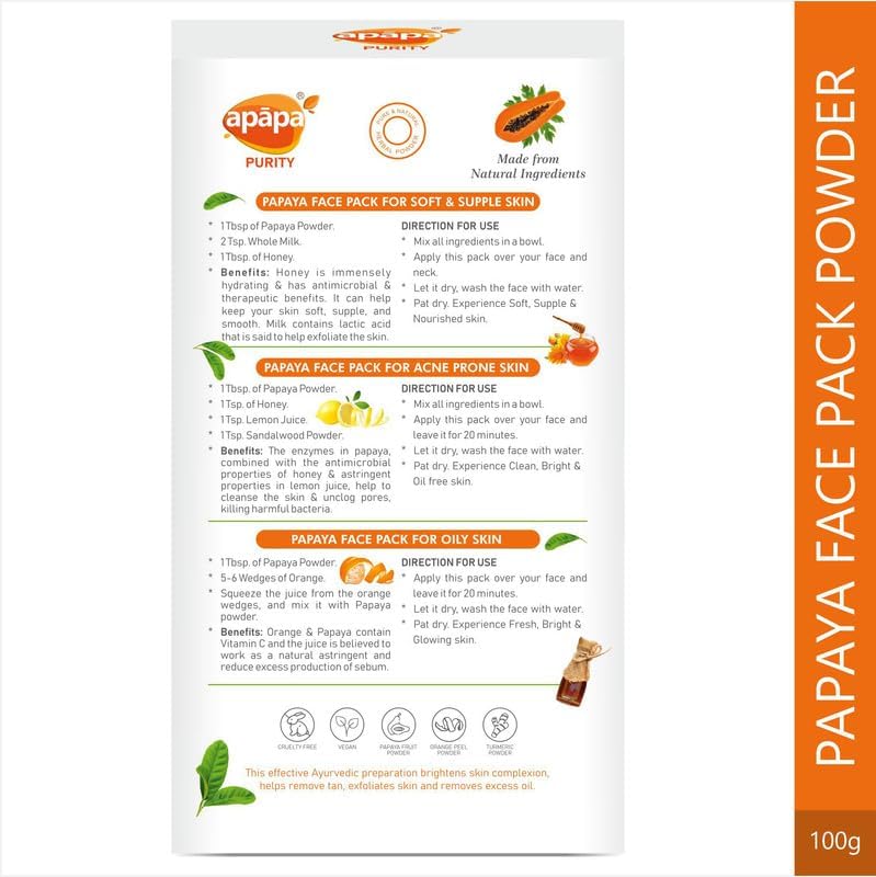 Apāpa Papaya Face Pack Powder for Oil-Free Skin, Tan Removal & Brightening - Natural Exfoliation, Clear & Nourish Skin - Pure & Vegan (100g, Pack of 2) | Perfect for Glowing Skin & Summer Tan Care