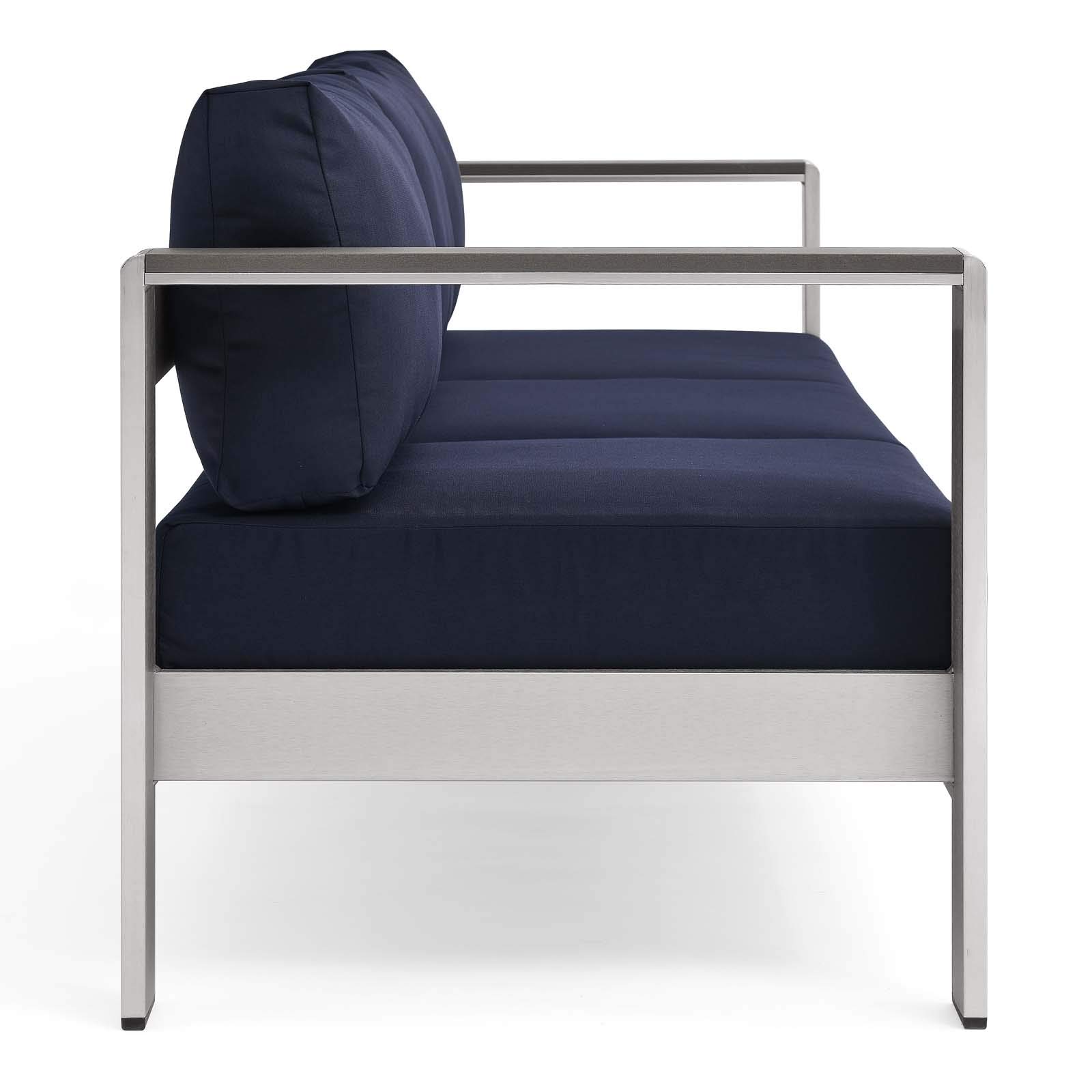 Modway Shore Aluminum Metal Outdoor Patio Sofa Set with Silver Navy All-Weather Cushions - Durable Weather-Resistant Furniture for Backyard, Garden & Poolside Relaxation