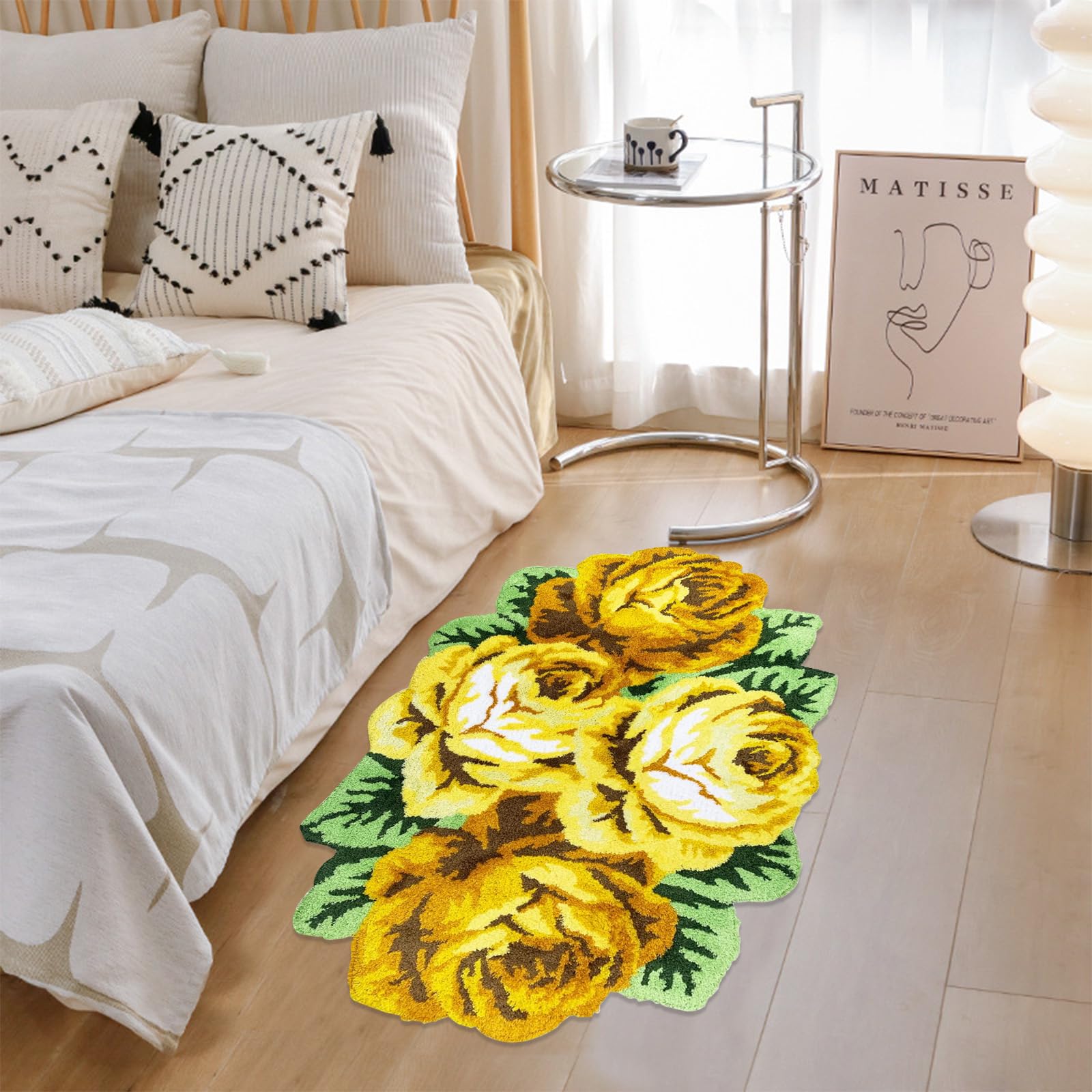 ABREEZE Yellow Rose Shabby Chic Kitchen Mat - Handmade Farmhouse Floral Bath Rug, Non-Slip Washable Floor Carpet for Girls Bedroom, Bathroom & Farmhouse Decor