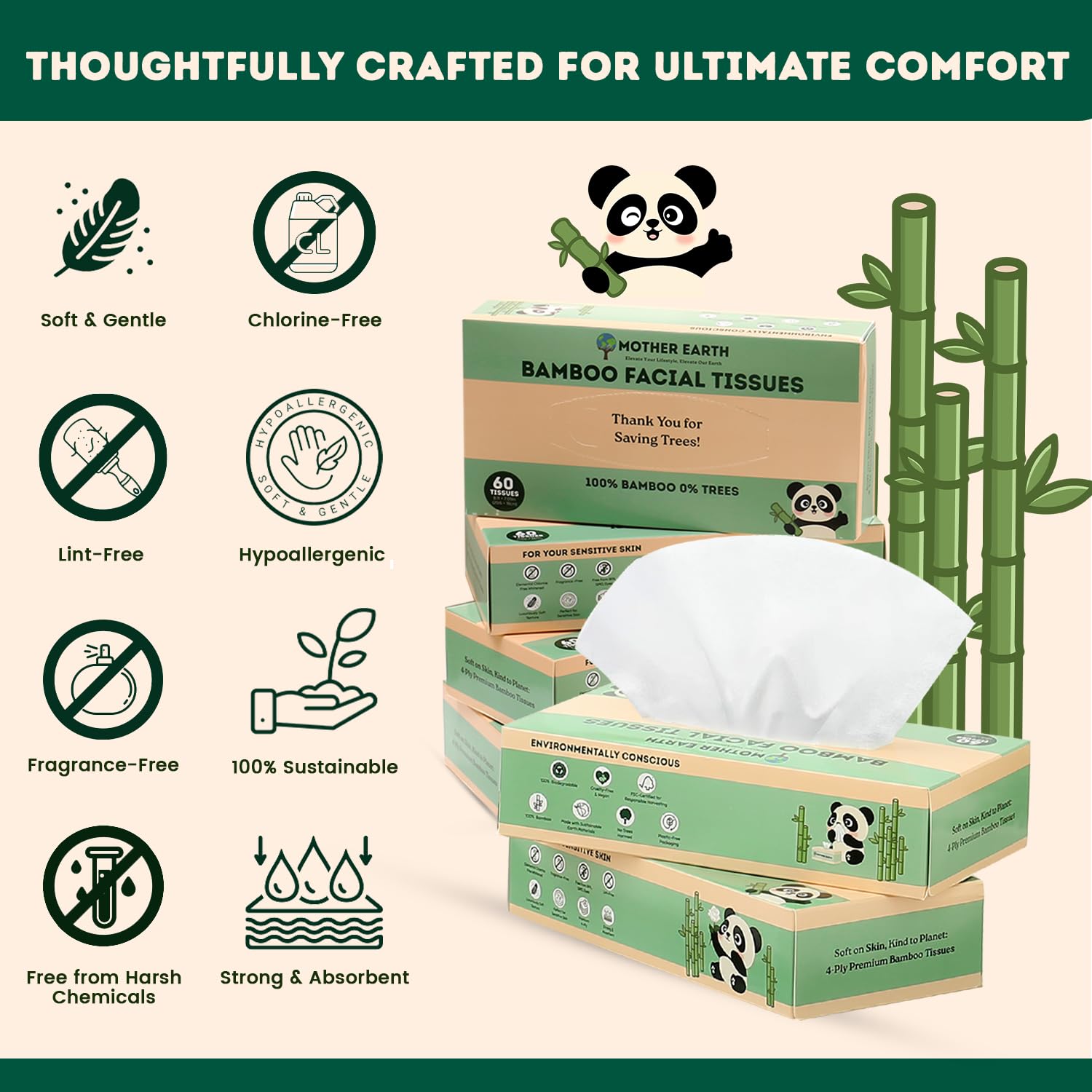 **Eco-Friendly Bamboo Facial Tissues - 4-Ply, Hypoallergenic & Lint-Free, Septic-Safe, Unscented (60 Sheets/Box, 6-Pack, 360 Tissues Total) - Perfect for Home, Office & Travel**