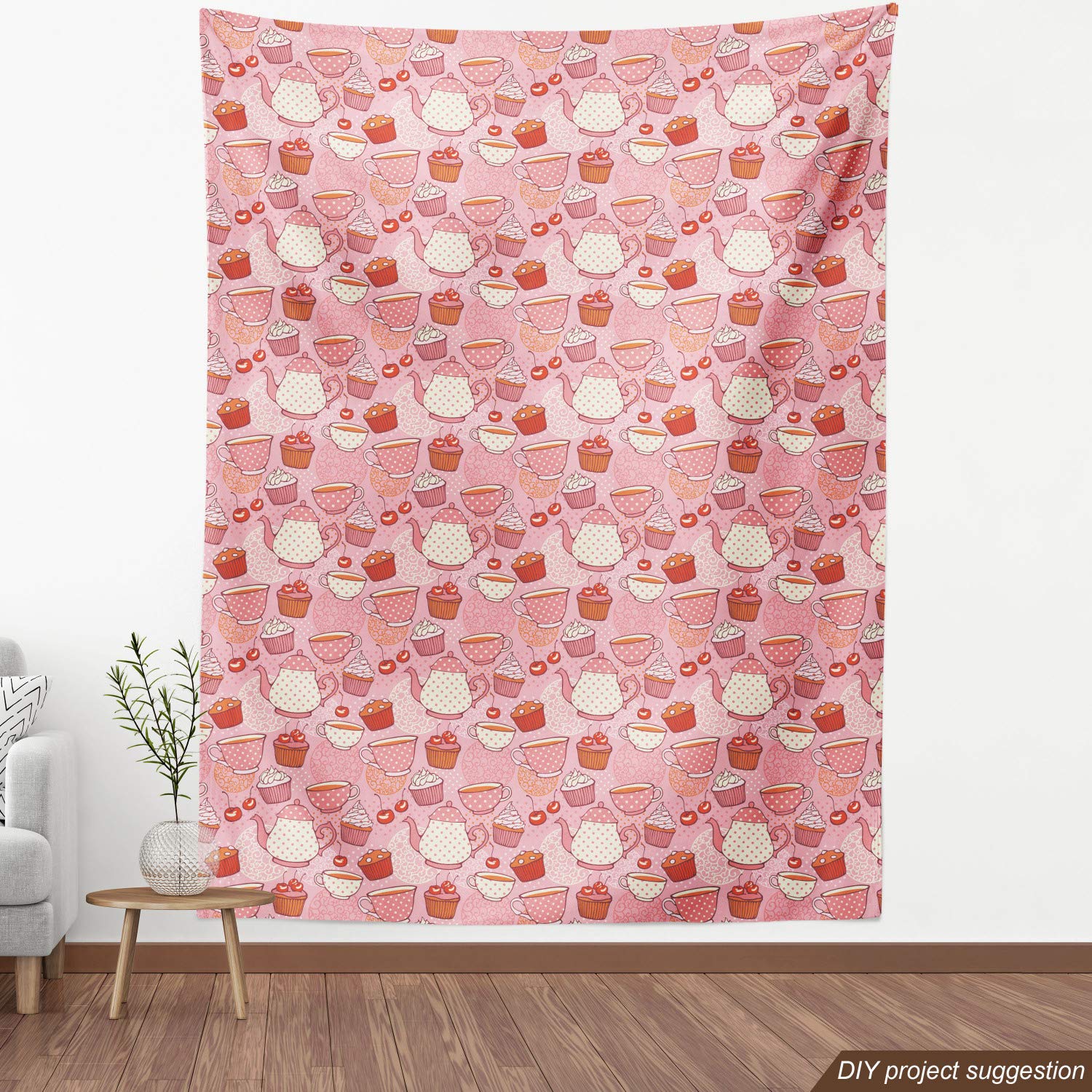 Ambesonne Cartoon Teapot & Cup Fabric by The Yard - Pink Orange Red Polka Dot Cherry Print Upholstery Material for DIY Home Decor, Curtains, Pillows (10 Yards) | Perfect for Kitchen, Living Room & Nursery Accents