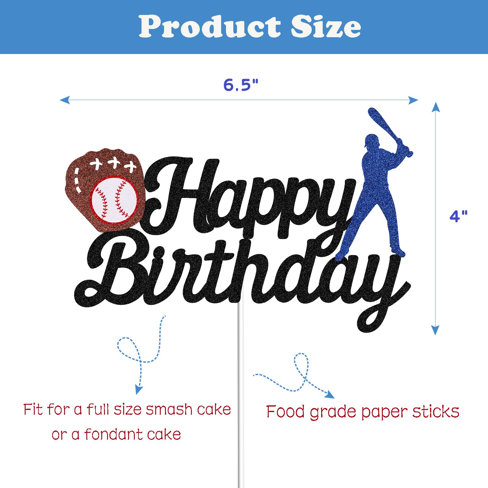 Baseball Cake Topper - Happy Birthday Baseball Party Decorations, Black Glitter Cake Topper for Sports Themed Birthday Cakes - Perfect for Baseball Lovers, Sports Parties & Birthday Celebrations