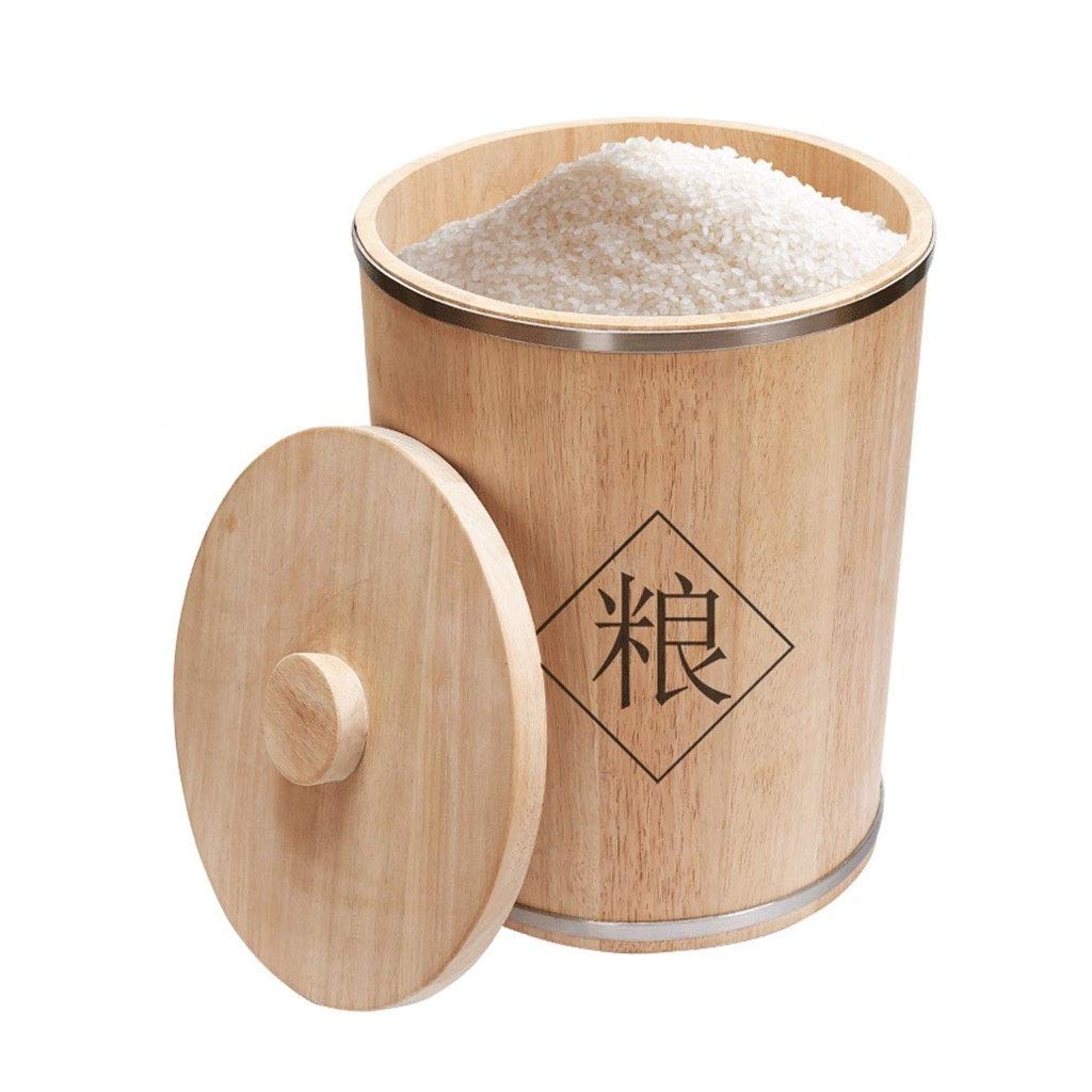 Premium Oak Wood Rice Storage Barrel - Round Moisture-Proof Sealed Container for Rice, Grains & Cereals | Natural Wood Grain | 32x30x35cm | Kitchen Pantry Organization & Bulk Food Storage Solution