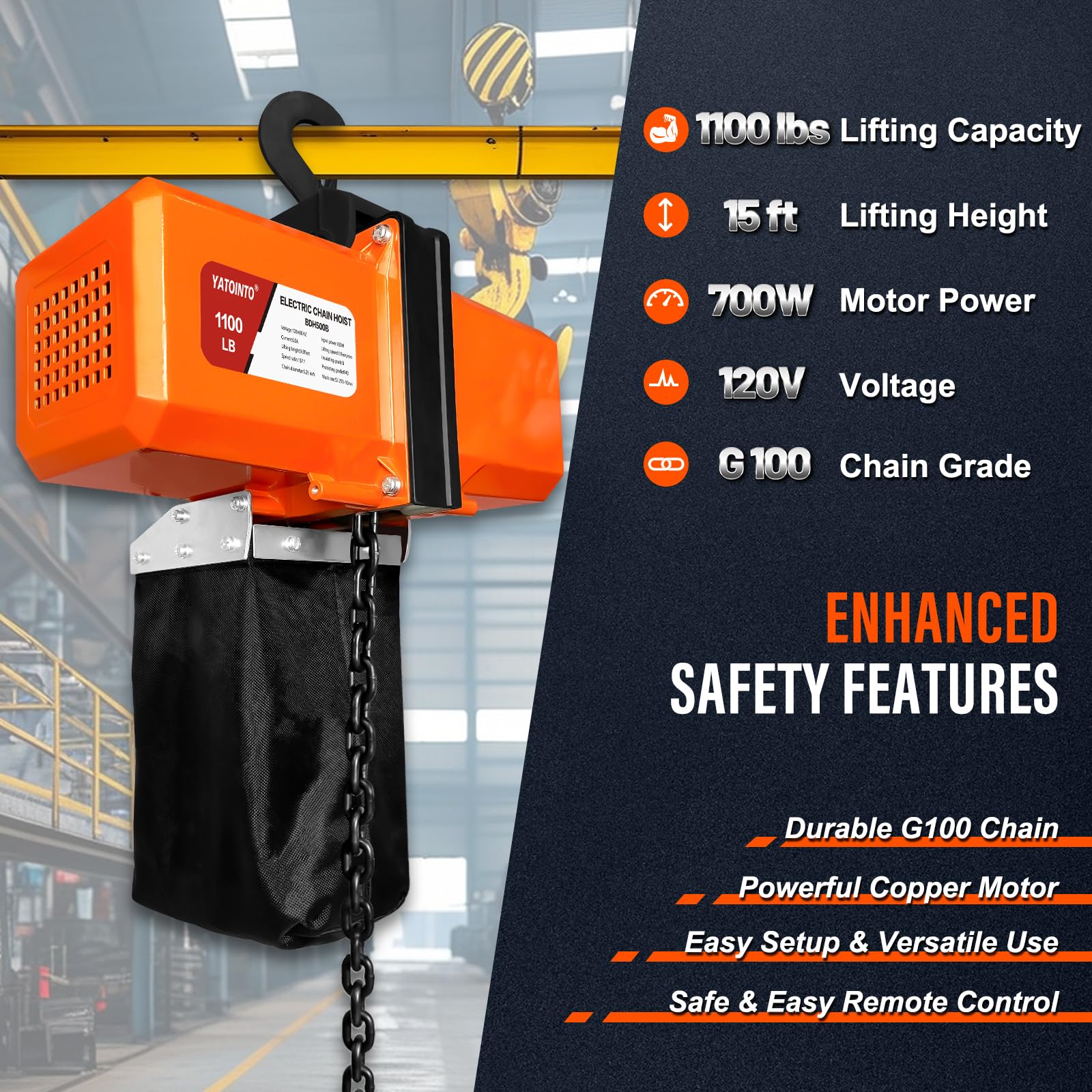 1100LBS Electric Chain Hoist - 120V Heavy Duty Winch with 5ft Wired Remote Control & Emergency Stop - Single Phase Overhead Crane for Garage, Workshop & Ceiling Mount - 10ft Lift Height - Perfect for Lifting Machinery, Auto Repair & Construction Projects