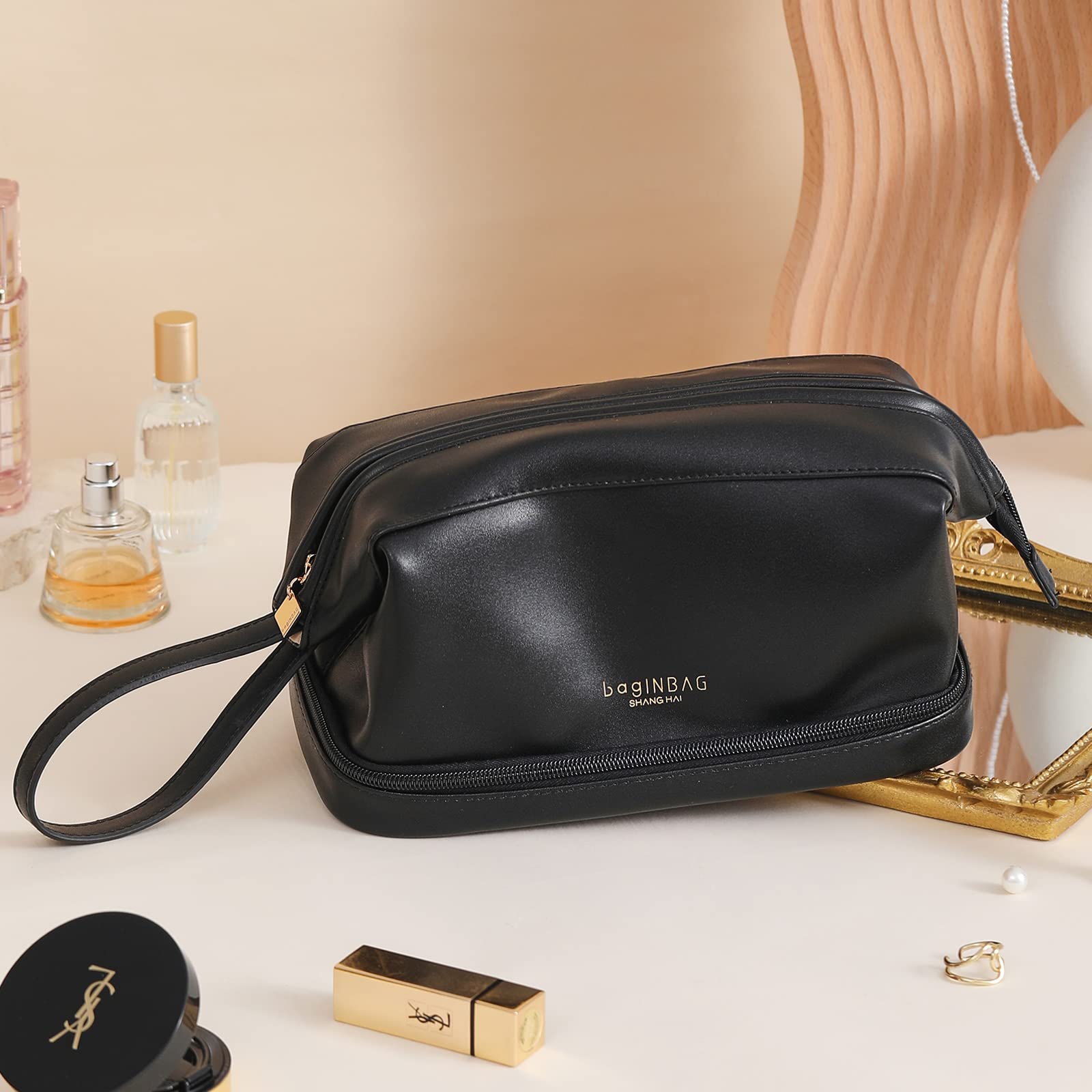 Double Layer Travel Makeup Bag with Handle - Large Waterproof Cosmetic Organizer with Brush Compartment for Women | Perfect for Travel, Gym & Everyday Use