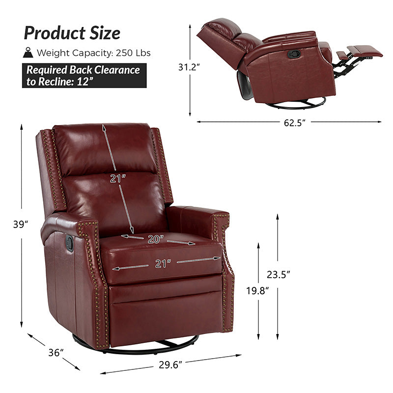 Canace Modern Genuine Leather Manual Glider Rocker Recliner Chair - Comfortable Swivel Lounge Chair for Living Room, Nursery, and Office Relaxation