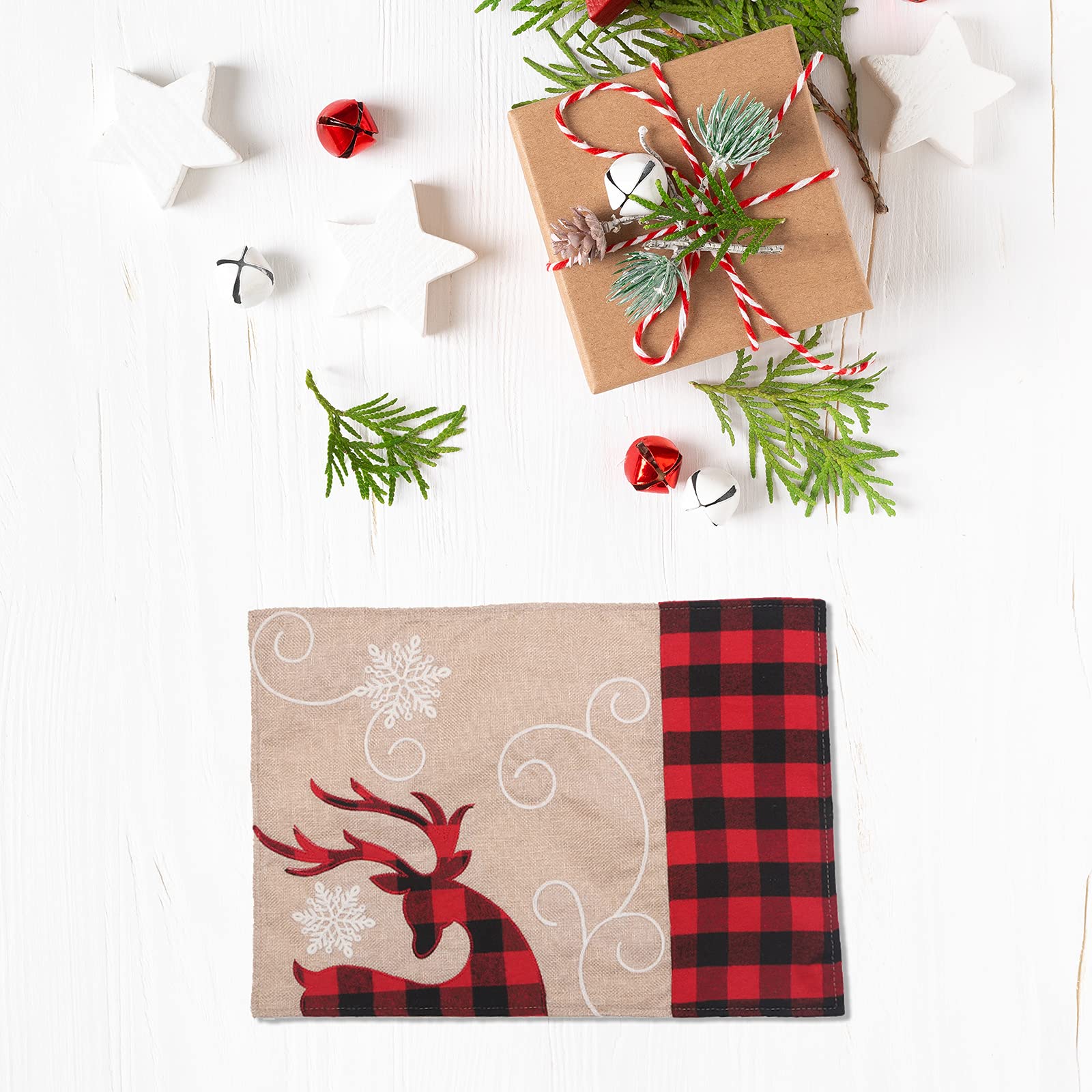 2 PCS Christmas Placemats - 17.7 x 13.8 Inch Red and Black Lattice Embroidery Elk Table Mats, Linen Holiday Dining Decor for Wedding, Home, Christmas Party - Perfect for Festive Dinners, Holiday Gatherings & Seasonal Table Settings