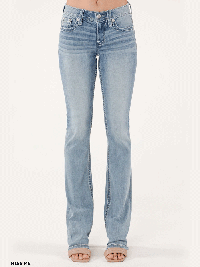 Miss Me M5082B192L Women's Mid Rise Bootcut Jeans - Light Wash Denim Pants for Casual Wear & Everyday Outfits