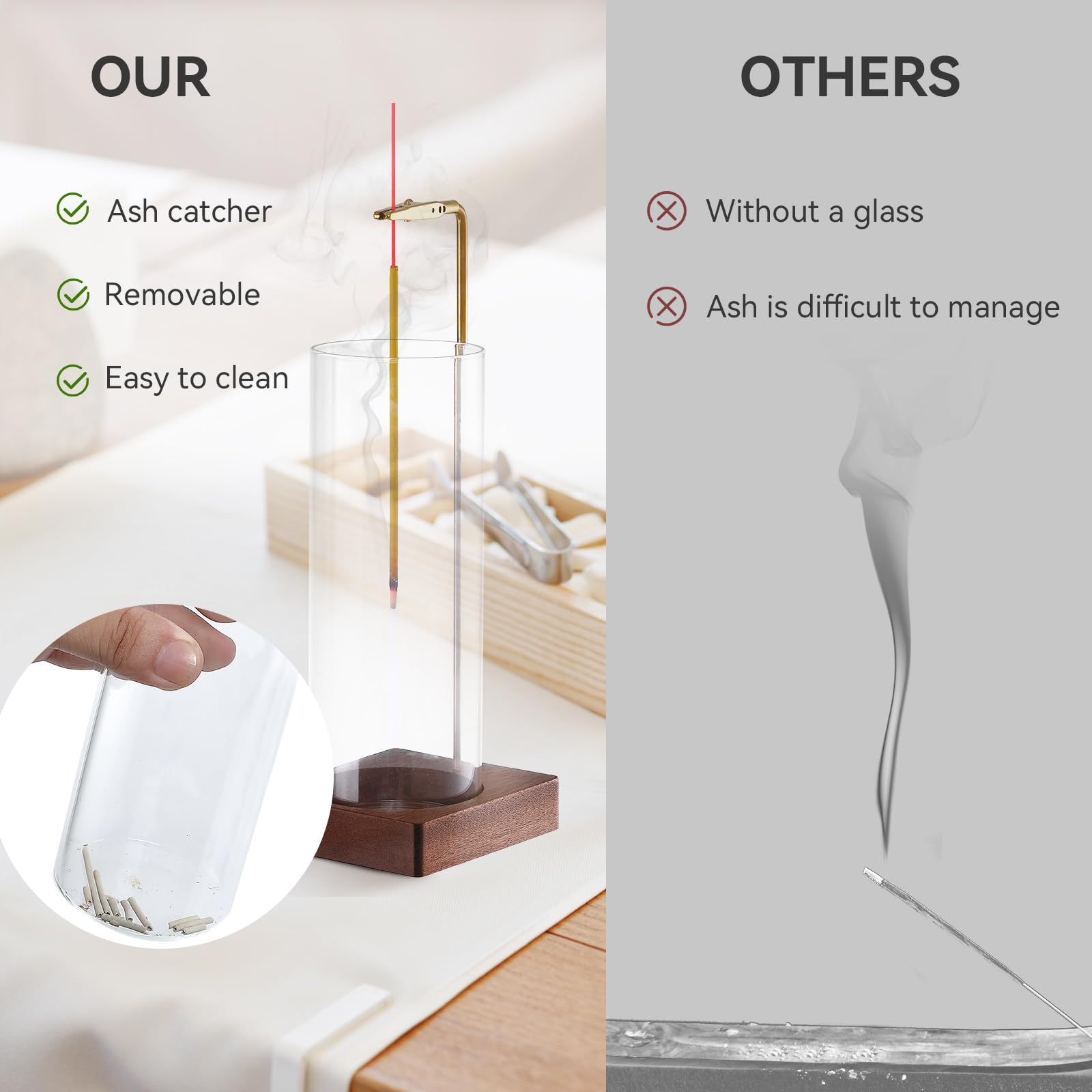 1 Pack Incense Holder for Sticks - Removable Glass Ash Catcher with Anti-Ash Flying Design, Mess-Free Incense Burner for Meditation, Yoga & Relaxation - Perfect Home Decor for Bedroom, Living Room & Office