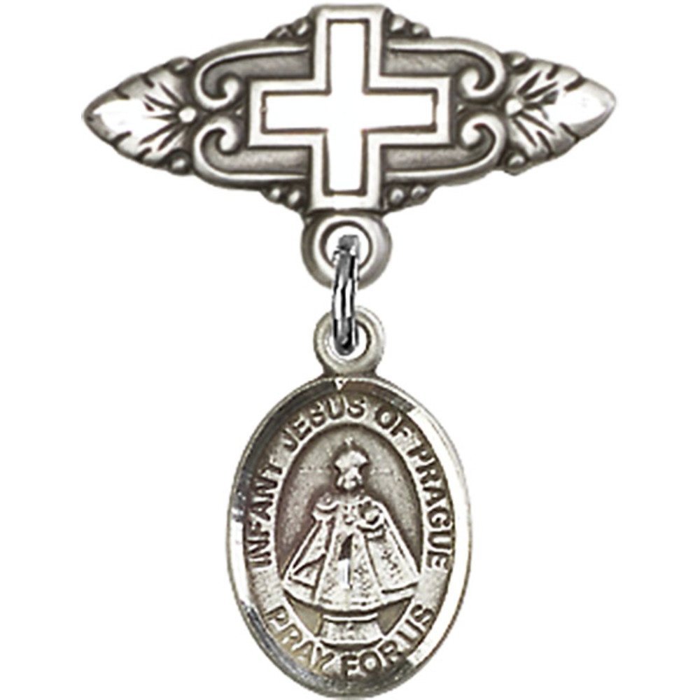1 X 3/4 Inch Sterling Silver Baby Badge with Infant of Prague Charm & Cross Pin - Perfect for Baptism Gifts, Christening Jewelry & Religious Keepsakes