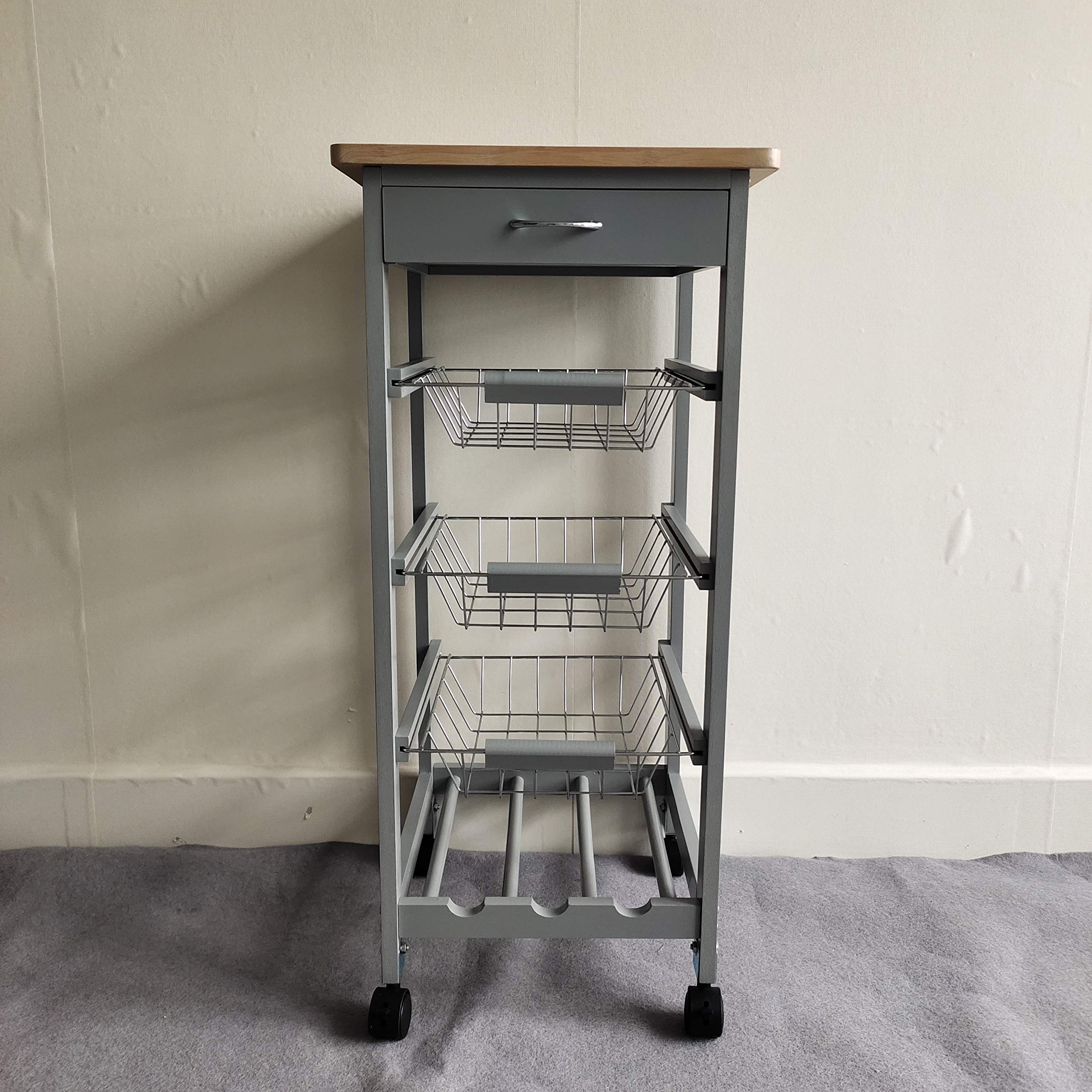 3-Tier White Wooden Kitchen Utility Cart with Wheels - Rolling Storage Organizer with 3 Baskets & Wine Rack - Mobile Storage Solution for Dining Room, Pantry or Living Room - Natural & Grey Finish