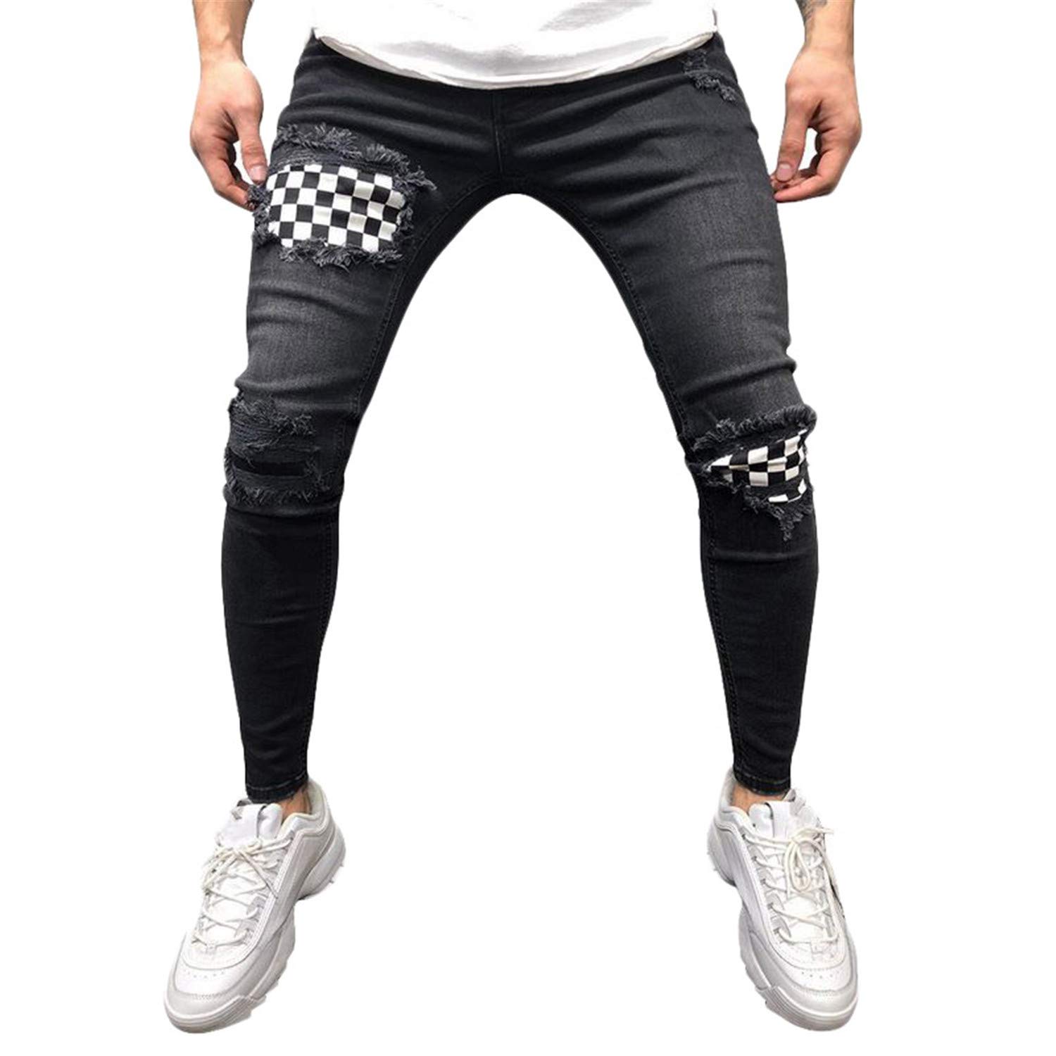 Andongnywell Men's Ripped Skinny Slim Fit Distressed Denim Jeans with Zipper - Fashion Casual Stretch Pants for Streetwear & Night Out (Black, Medium)