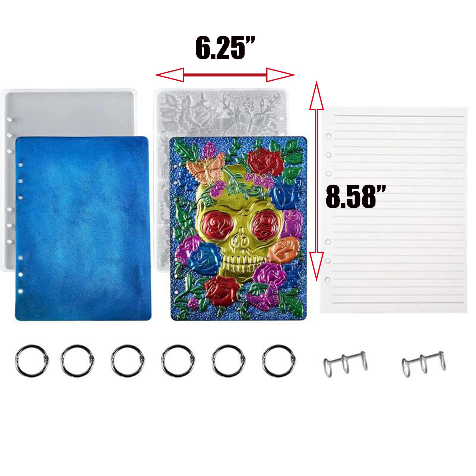 Halloween Skull Pattern Silicone Resin Molds for DIY A5 Notebook Cover - 2PCS Book Rings Included - Perfect for Epoxy Resin Crafts, Journal Making, and Unique Gift Creations