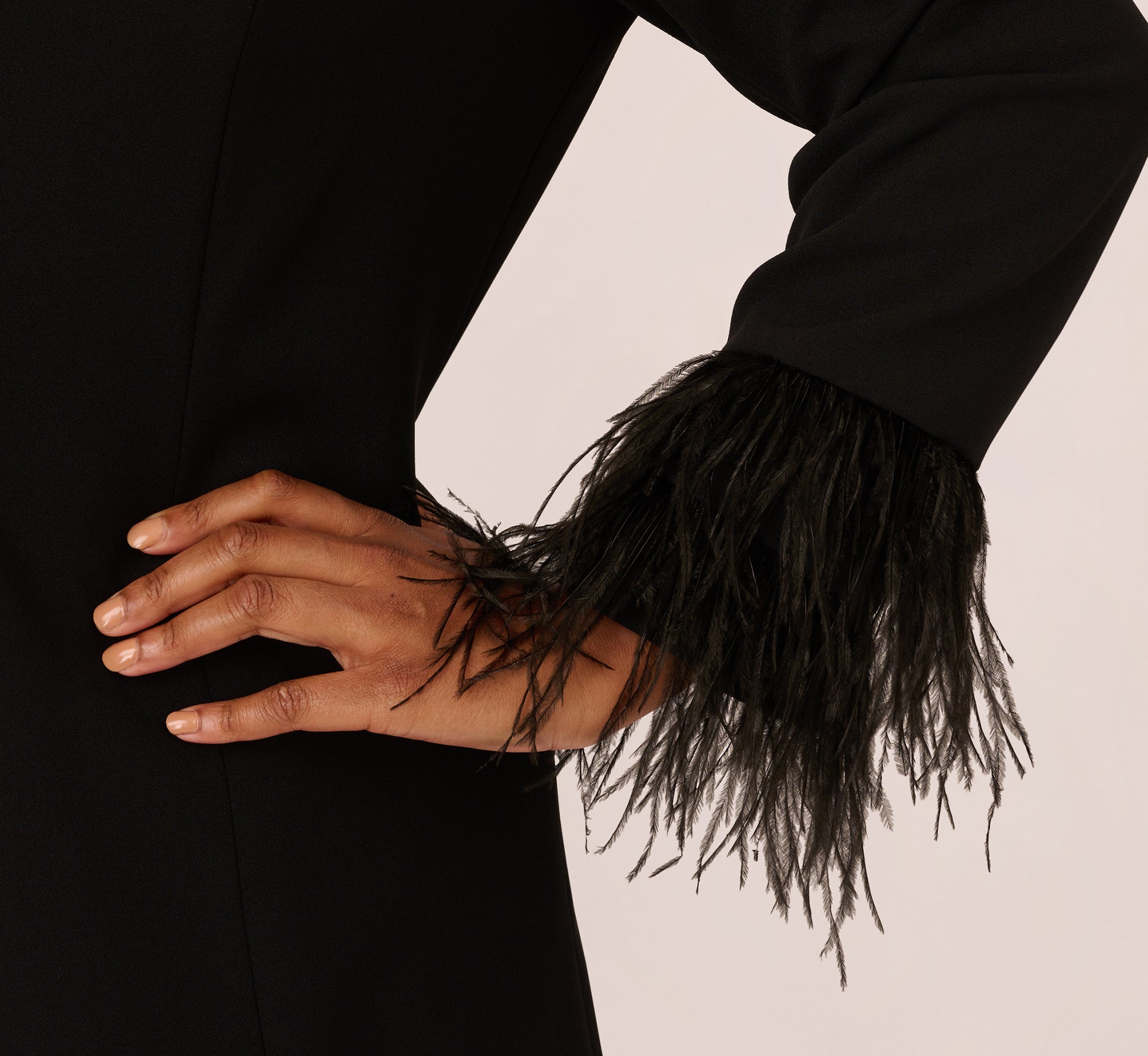 Plus Size Knit Crepe Long Sleeve Blazer Dress with Feather Trim in Black | Women's Formal Office Wear & Evening Party Outfit