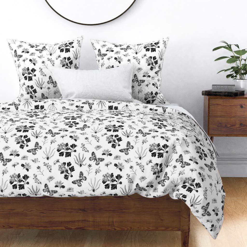 Premium Cotton Sateen Duvet Cover King/California King - Vintage Botanical Drawing Print with Plants, Butterflies & Ferns in Black & White | Custom Bedding for Modern & Bohemian Bedrooms