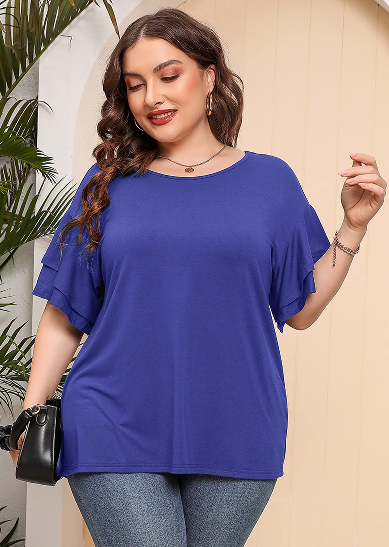 Plus Size Tunic for Women - Double Ruffle Short Sleeve Loose Fit Blouse | Flowy Summer Top for Casual Wear & Beach Outfits | AusLook Women's Fashion