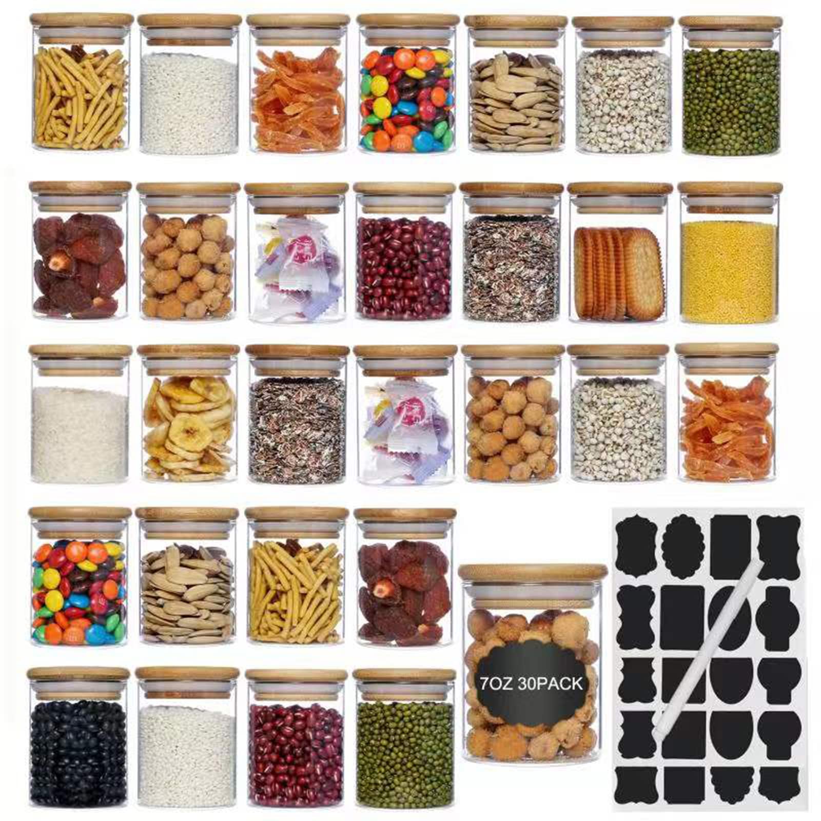30-Piece Airtight Glass Food Storage Containers Set - 7oz Glass Jars with Bamboo Lids for Spices, Sugar & Salt | Includes Marker & Labels | Perfect for Pantry Organization, Meal Prep & Kitchen Storage