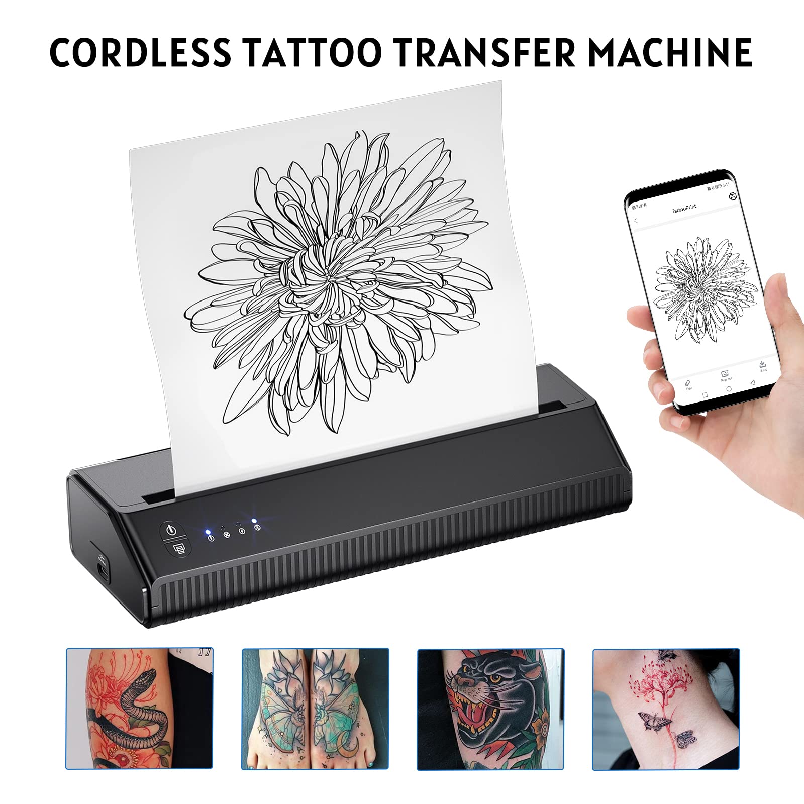 BIOMASER Wireless Thermal Printer for Tattoo Stencils - A4 Bluetooth Thermal Transfer Printer Compatible with iOS & Android Smartphones - Perfect for Tattoo Artists, Body Art Professionals & Temporary Tattoo Designs