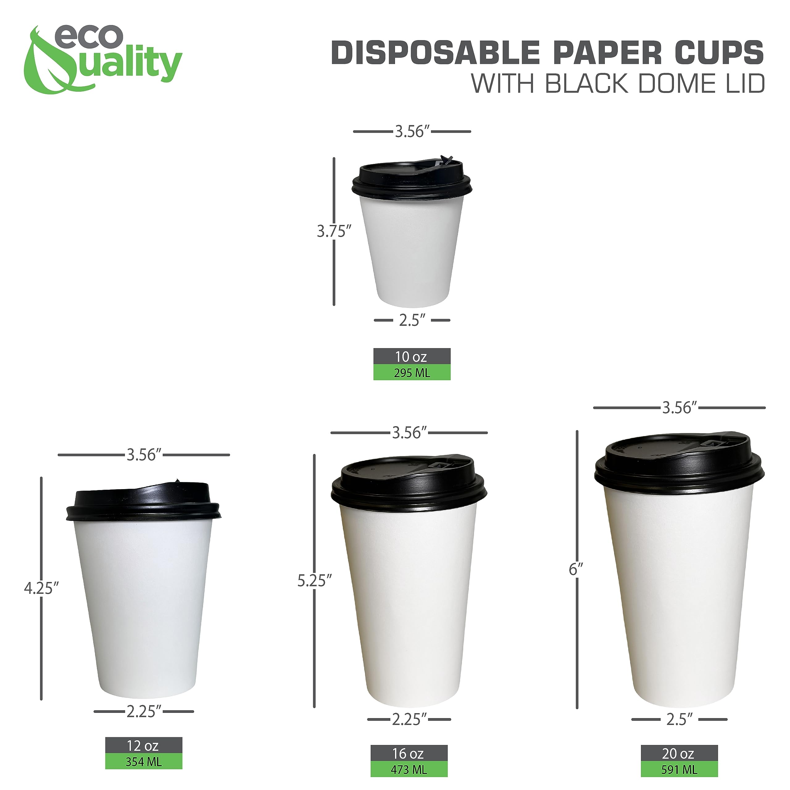 EcoQuality 10 oz White Disposable Paper Coffee Cups with Black Dome Lids - Recyclable & Compostable Hot Drink Cups for Office, Cafes, Restaurants - Perfect for Latte, Chai, Tea and Breakroom Use (500 Pack)