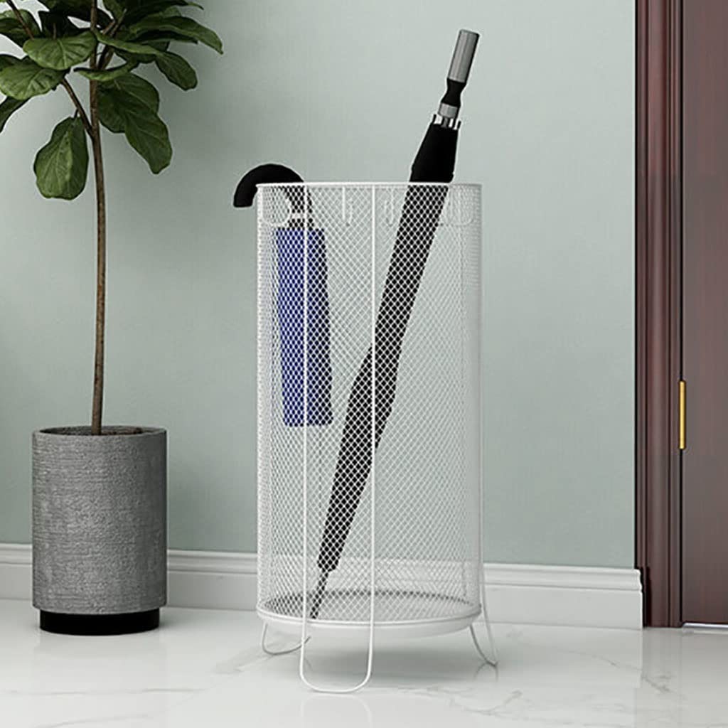 BAJMY Modern Metal Mesh Umbrella Stand - Round Entryway Umbrella Holder with Fixed Hooks for Canes, Folding Umbrellas & Wrapping Paper - 2 Sizes - Perfect for Home, Office & Hotel Lobby Organization