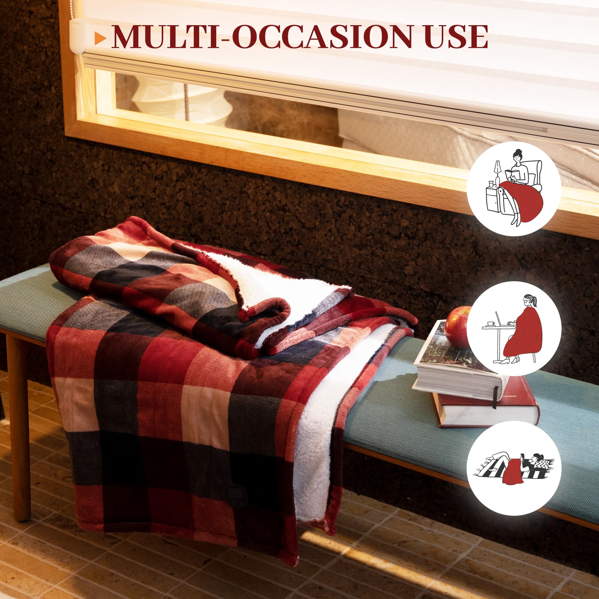 GOTCOZY 50''x60'' Electric Heated Throw Blanket - 10 Heat Levels & 9 Timer Settings, One-Touch Control, Machine Washable (Red/Black) - Perfect for Winter Warmth, Bedroom Comfort & Cozy Movie Nights