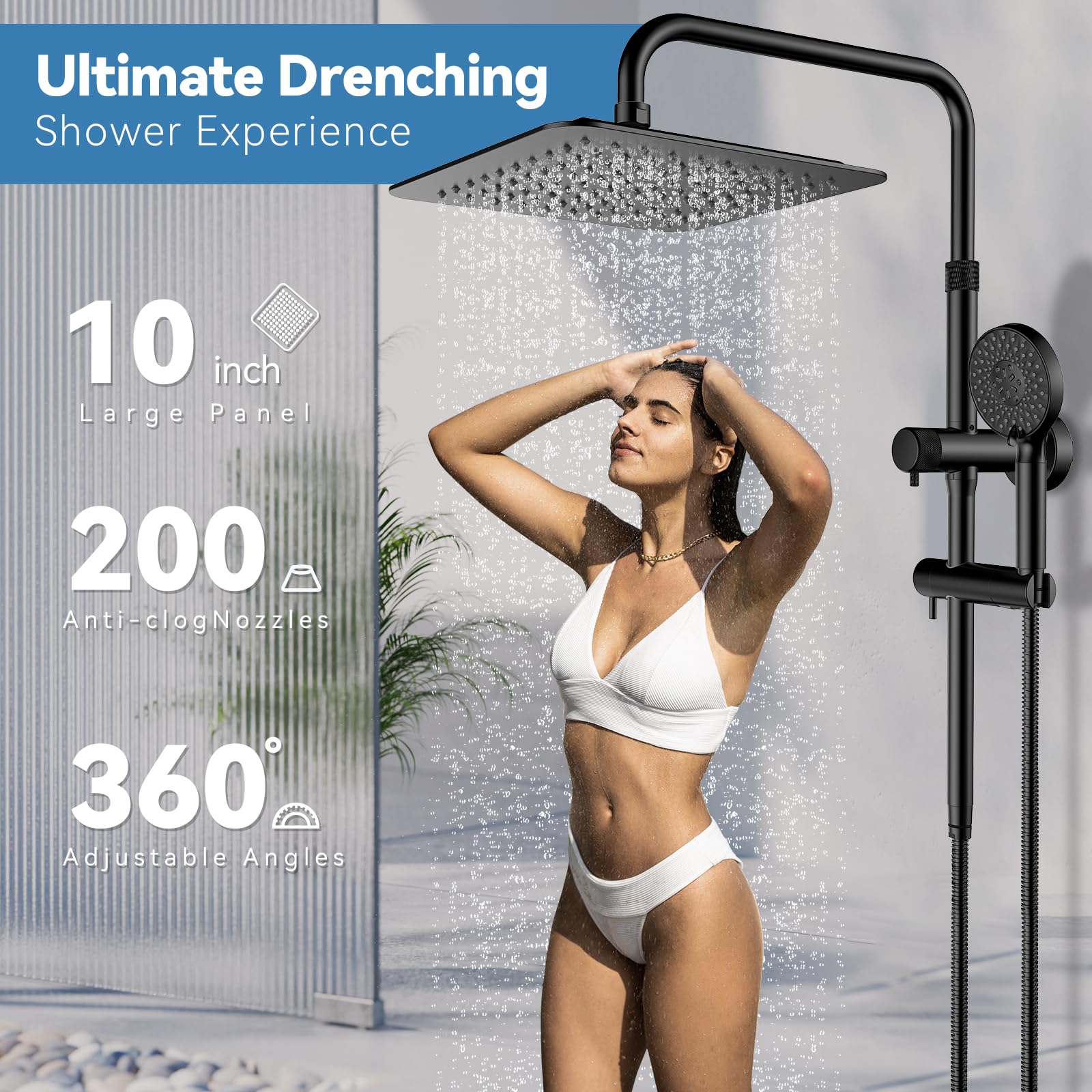 10 Inch All Metal Rainfall Shower Head with Handheld Combo - High Pressure 9 Mode Shower System, Adjustable Extension Arm & Slide Bar in Matte Black - Perfect for Spa-Like Bathroom Experience & Modern Home Upgrade