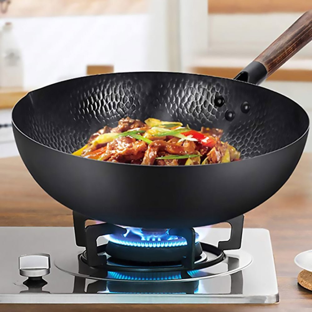 Premium Bjorn Cast Iron Deep Wok Pan - 14 Inch Traditional Chinese Stir Fry Skillet with Wooden Handle & Glass Lid - Perfect for Stir-Frying, Deep Frying, Braising & Asian Cooking