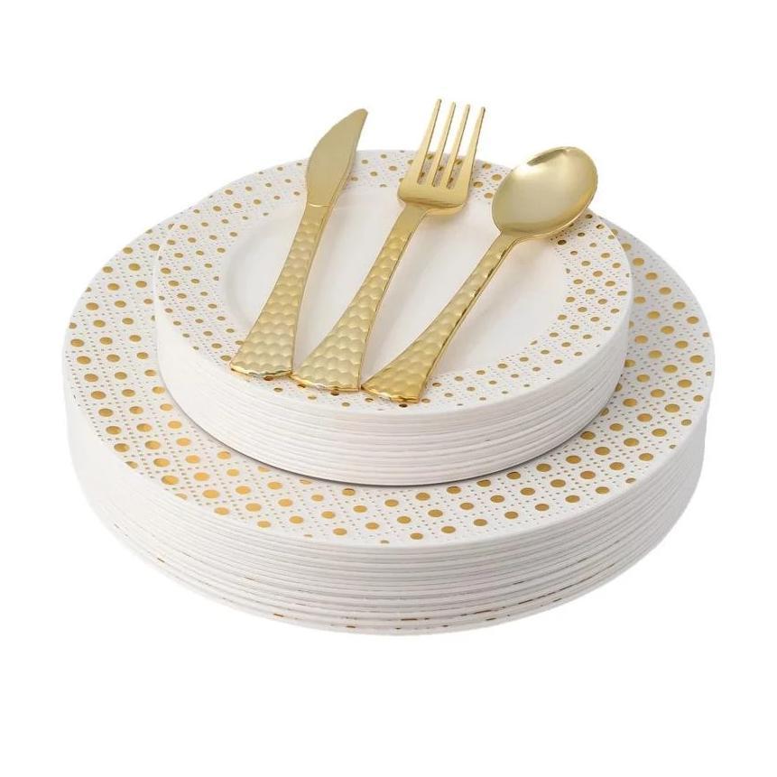 100-Piece Gold & White Round Plastic Dinnerware Set with Silverware - 20 Servings - Elegant Disposable Tableware for Parties, Weddings, and Events - Perfect for Outdoor Dining, Picnics, and Catering