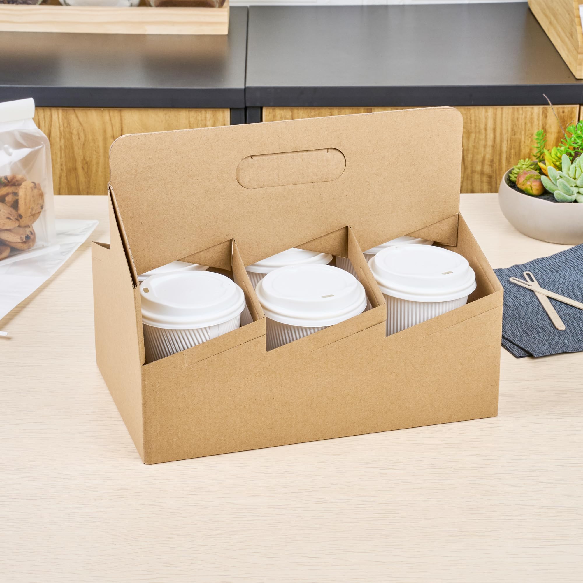 Restaurantware Altalena 100-Pack Disposable Drink Carriers with Handles - Kraft Paper Cup Holders for 6 Beverages | Perfect for Coffee Delivery, Takeout, and Catering Services