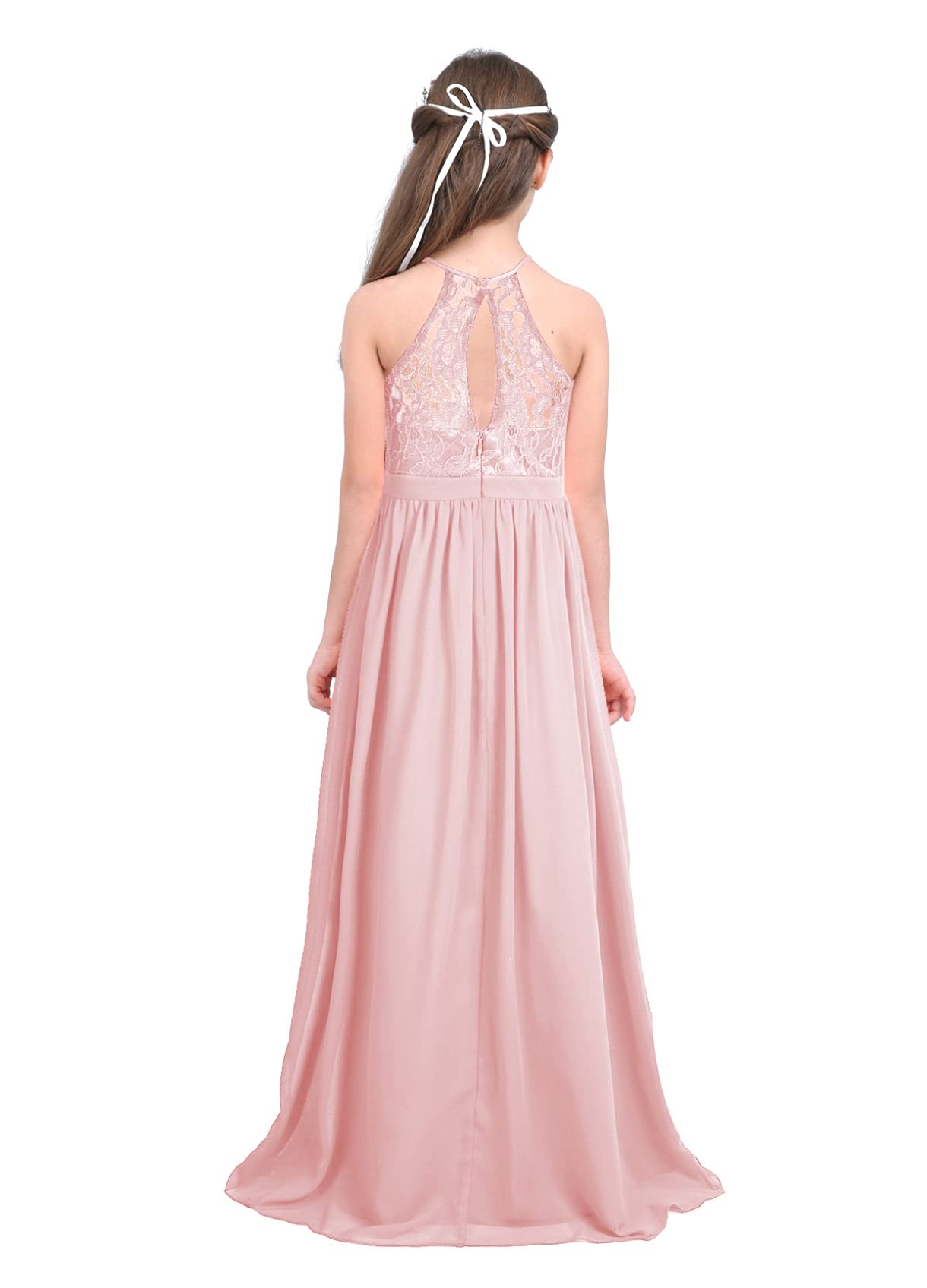 Hularka Girls Princess Flower Girl Dress - Halter Neck Floral Lace Chiffon Wedding Bridesmaid Gown for Kids, Proms & Special Occasions | Perfect for Weddings, Birthday Parties & Formal Events