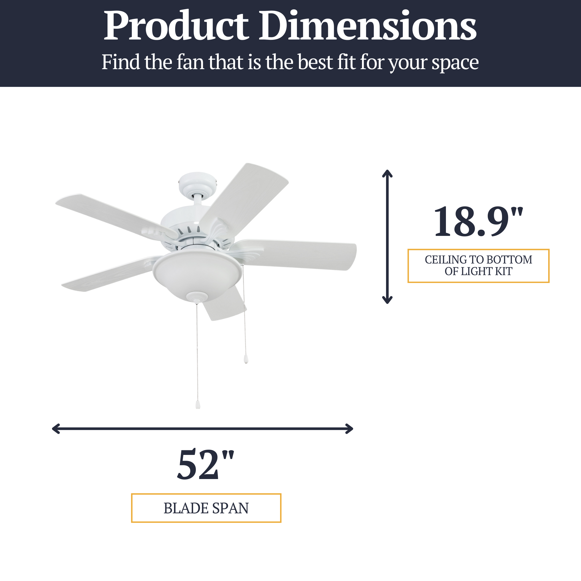 42 Inch Viretta White Ceiling Fan with Pull Chain - Indoor/Outdoor Use for Living Room, Bedroom, Patio & Porch