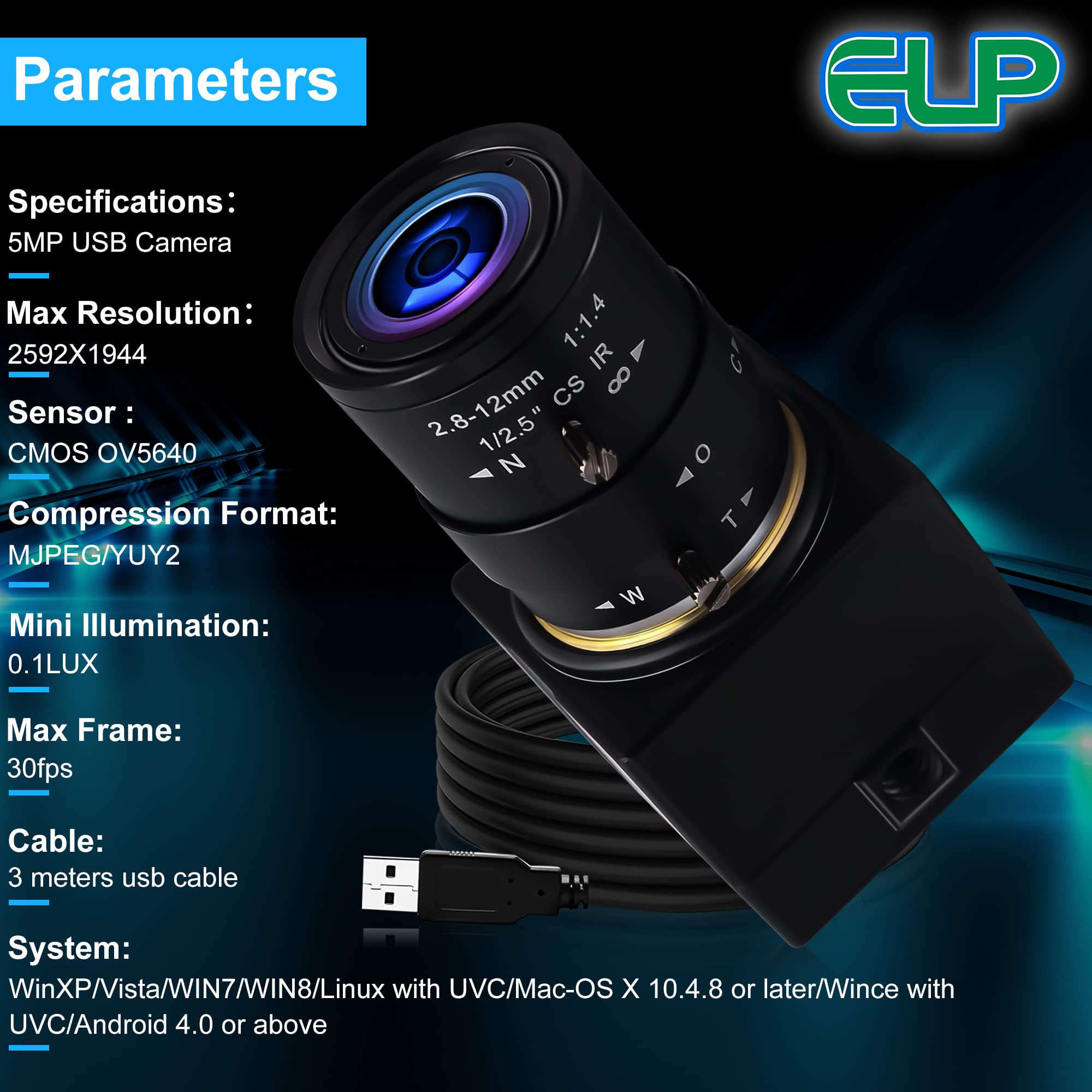5MP USB Webcam with 2.8-12mm Manual Zoom Lens | UVC USB 2.0 PC Camera | Variable Focus for Computers, Laptops & Raspberry Pi | Perfect for Video Conferencing, Live Streaming & Close-up Industrial Inspection