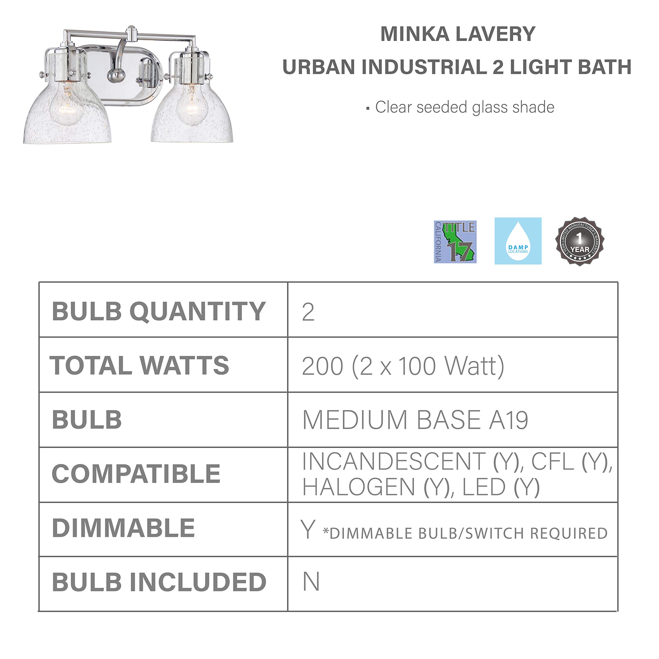 Minka Lavery 5722-77 Urban Industrial Wall Light Fixture - 2-Light Bathroom Vanity Lighting, 200W, Chrome Finish - Perfect for Modern Farmhouse Bathrooms & Industrial Style Bedrooms
