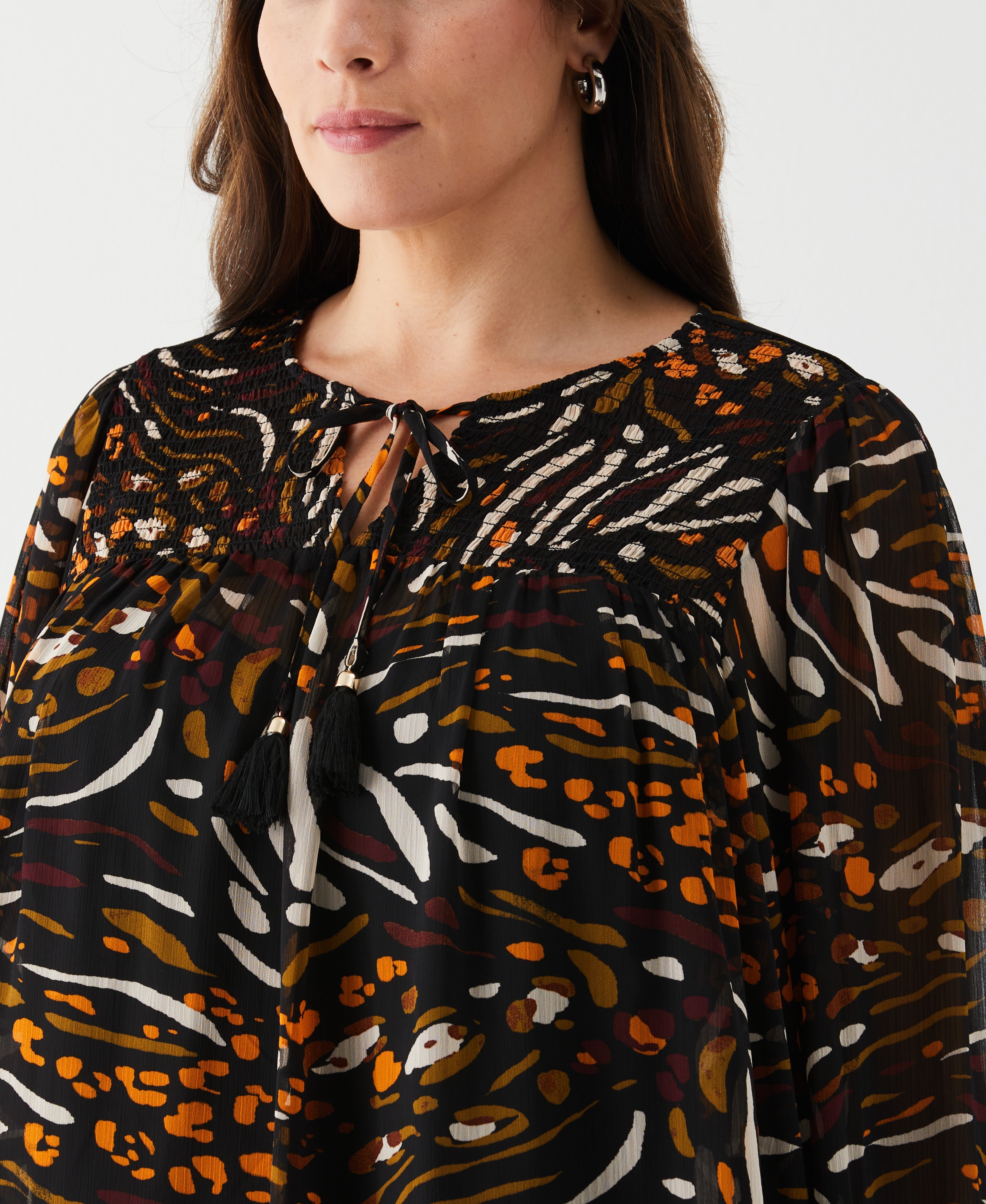 Plus Size Animal Print Smocked Split Neck Blouse for Women - Trendy Leopard Print Tunic Top for Casual Wear & Office Outfits