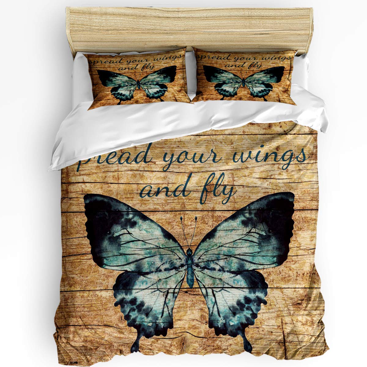3 Piece California King Bedding Set - Butterfly Wings Fly Vintage Wooden Board Duvet Cover with Zipper Closure for Kids, Teens & Adults | Soft & Cozy Bedroom Decor for Boys, Girls & Family