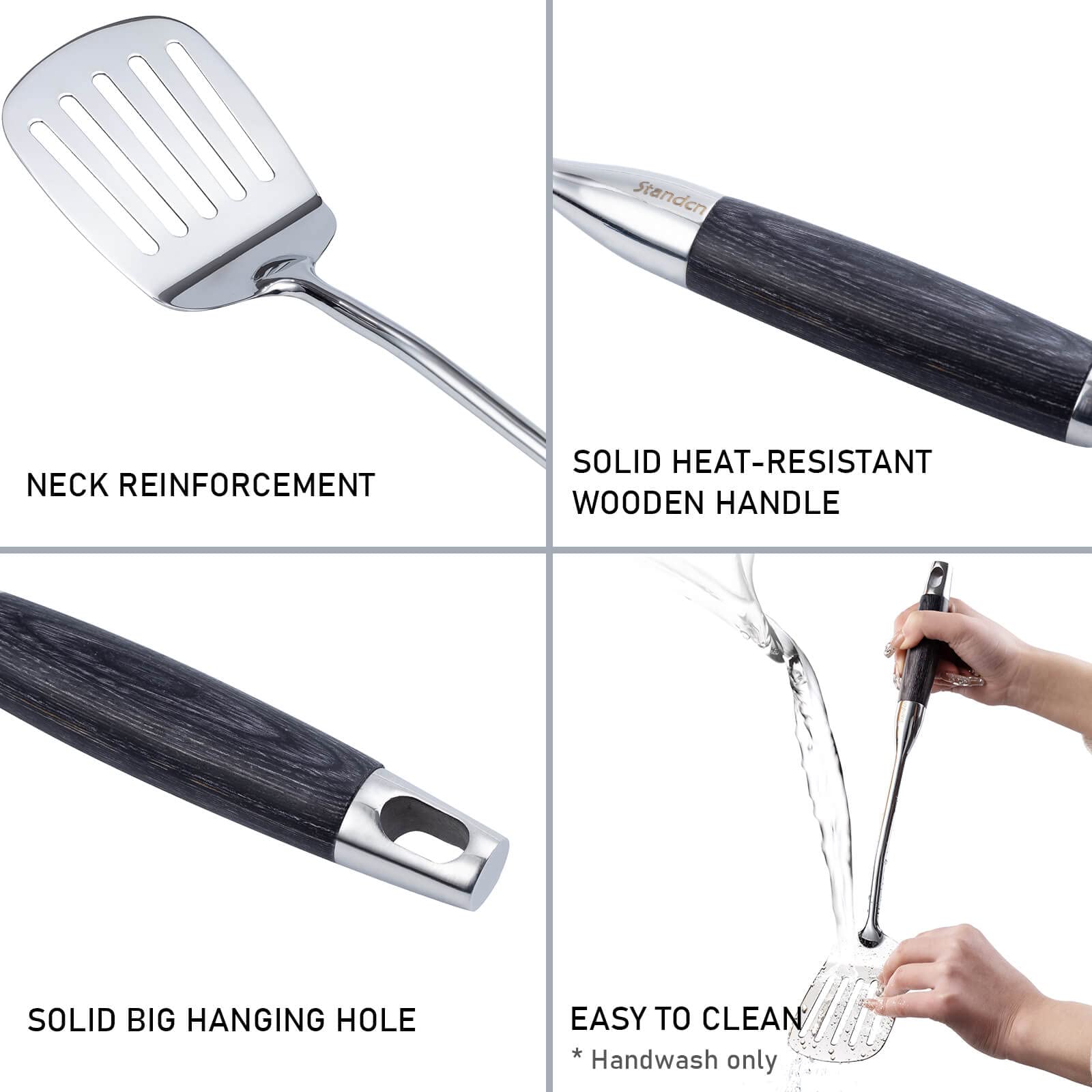 Premium 18/10 Stainless Steel Kitchen Utensil Set with Wooden Handles - 6-Piece Cooking Tools Including Slotted Spoon, Solid Spoon, Turner, Skimmer, Soup Ladle & Pasta Spoon (15