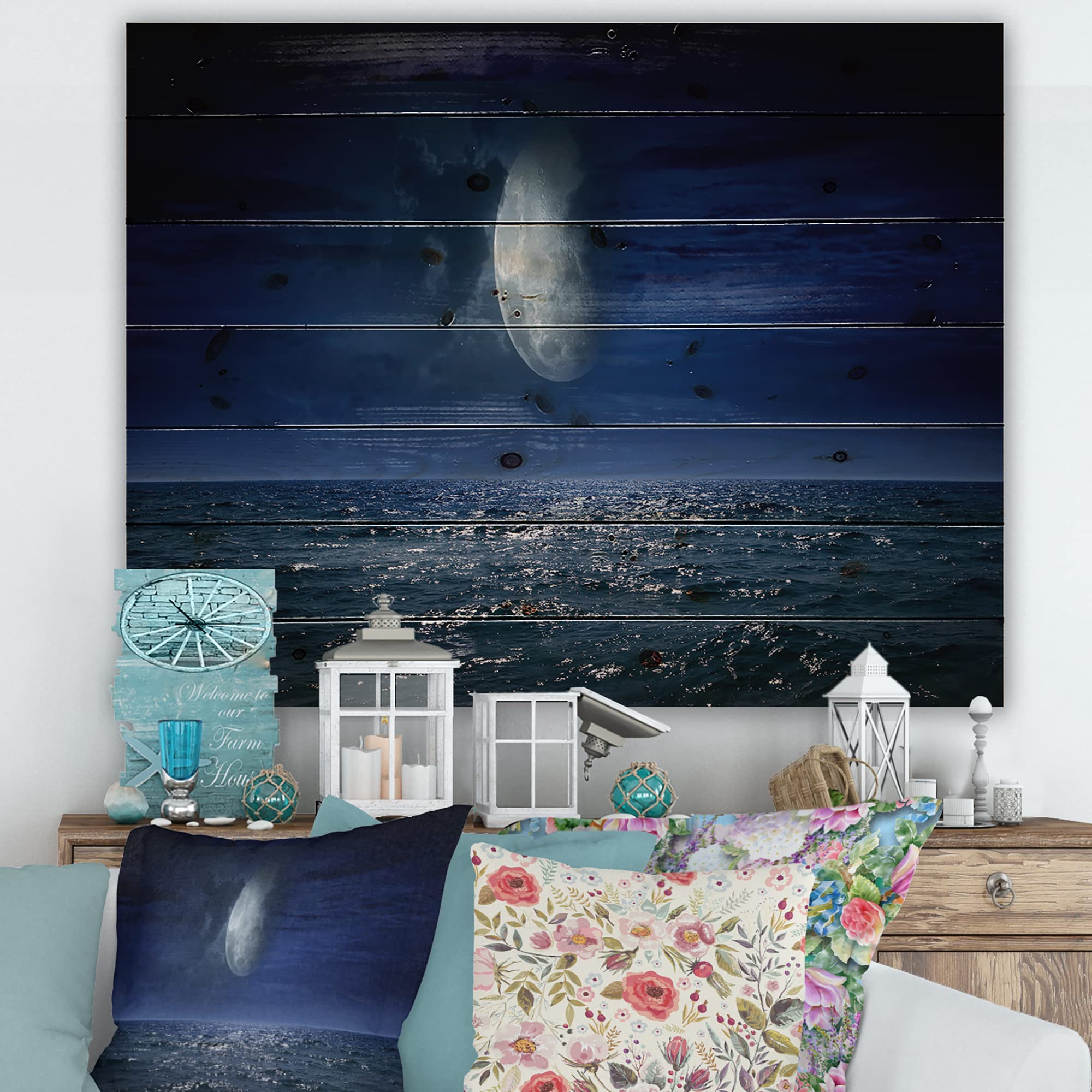 Full Moon Ocean Wood Wall Art - Coastal Decor for Living Room & Bedroom