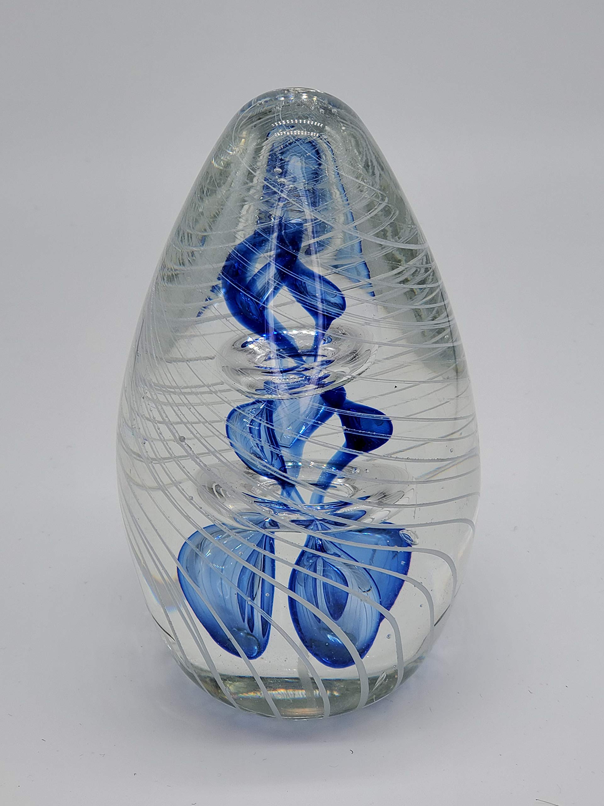 Handcrafted Blue Glass Egg Paperweight with Clear Halo Rings - Elegant Desk Decor for Office, Home, or Gift Giving | M Design Art PW-664