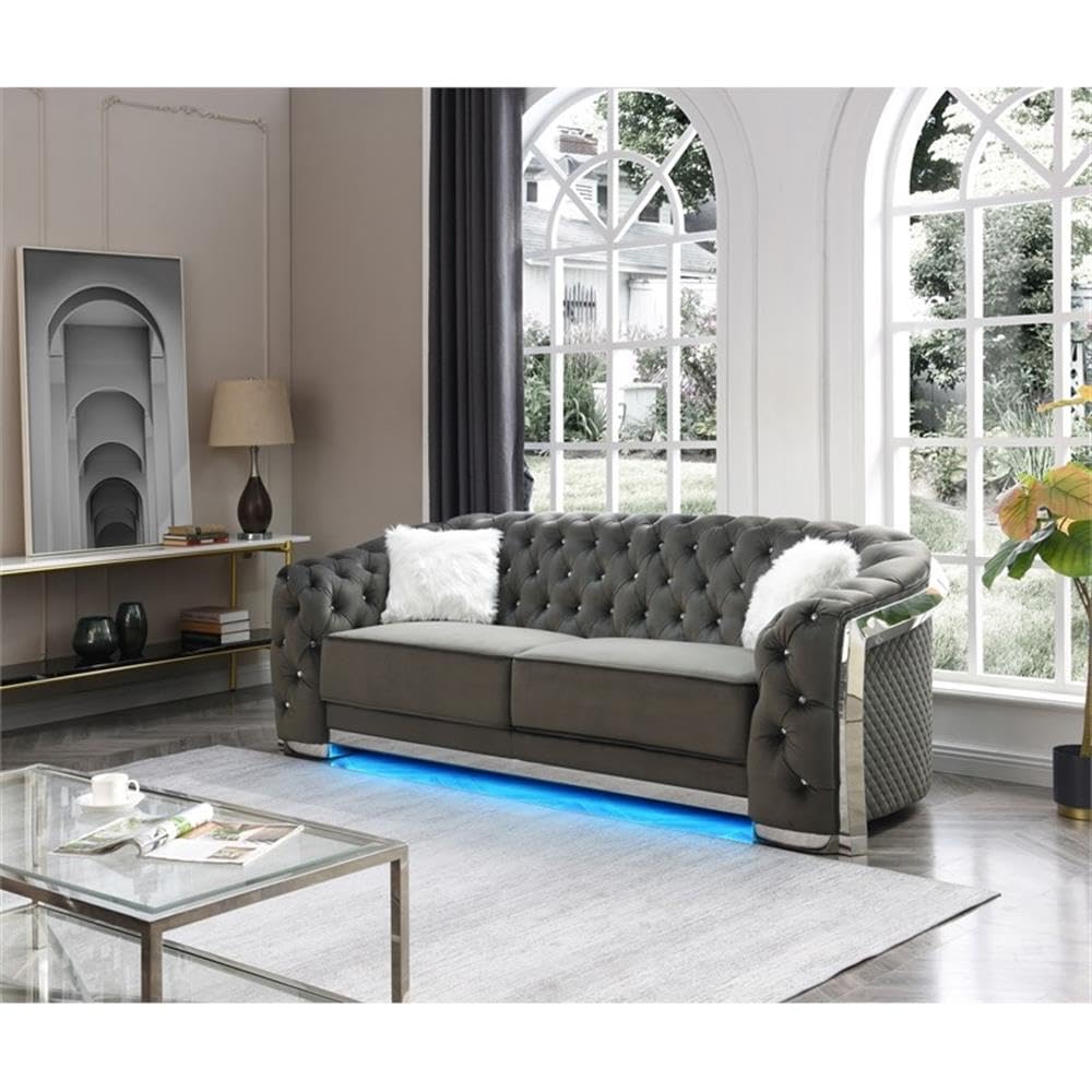 Glory Sapphire Gray Velvet Sofa with LED Accent Lighting - Modern LED Lighted Sectional Couch for Living Room, Lounge & Home Theater