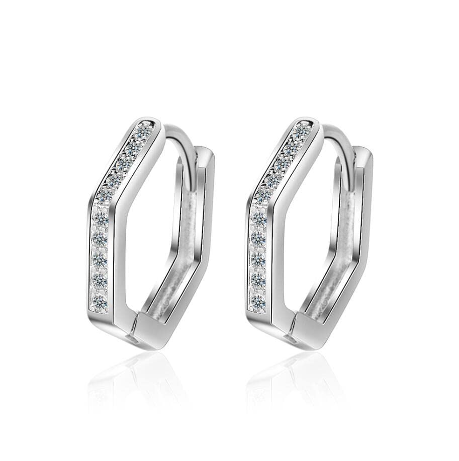 925 Sterling Silver Hoop Earrings for Women - Hexagonal Geometry Clip-On Earrings | Hypoallergenic Silver Jewelry for Everyday Wear, Parties & Special Occasions (Silver)