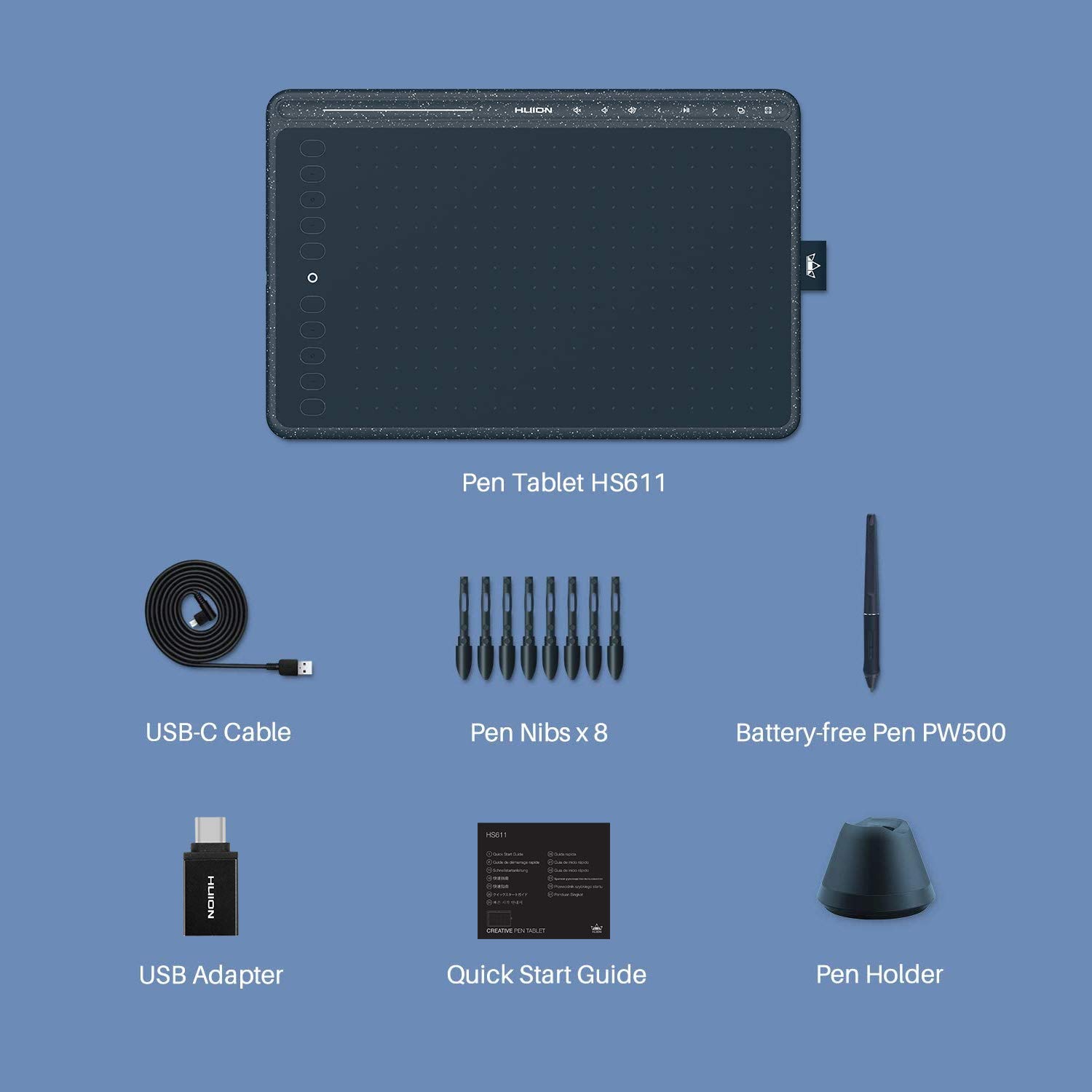 HUION HS611 Digital Drawing Tablet with 8192 Pressure Sensitivity, 8 Multimedia Keys & 10 Express Keys - Android Compatible Graphics Pen Tablet for Artists & Designers (Blue) - Perfect for Digital Art, Animation & Graphic Design