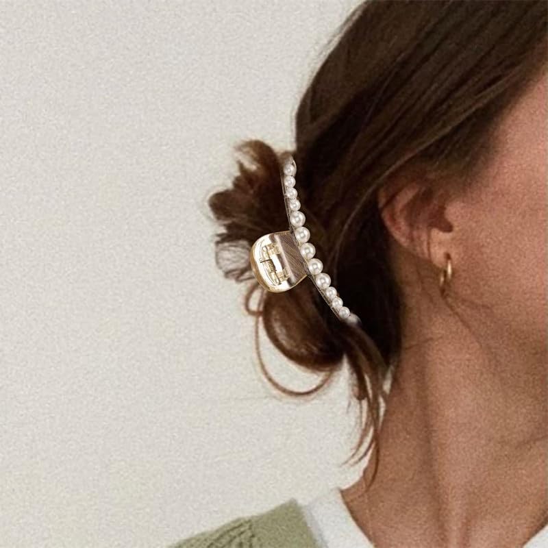 2 PCS Transparent Banana Jaw Pearl Hair Clips - Strong Hold Hair Claw Barrette for Women & Girls | Fashion Hair Accessories for Parties, Weddings & Everyday Styling