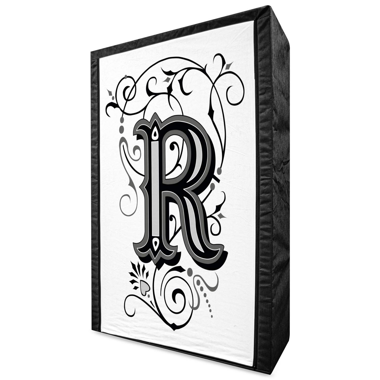 Ambesonne Letter R Portable Fabric Wardrobe - Baroque Antique Typography Clothing Organizer with Shelves, 42.5 Inch Black Grey White - Perfect for Bedroom, Closet, Dorm & Apartment Storage Solutions
