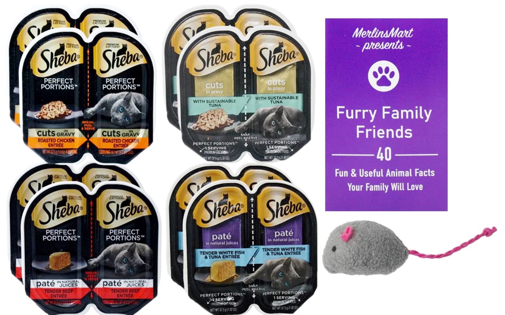 Sheba Perfect Portions Premium Cat Food Pate Variety Pack - 8 Cans (4 Flavors: Chicken, Tuna, Beef, White Fish) 2.6oz Each with Catnip Toy & Fun Facts Booklet - Wet Cat Food for Indoor & Outdoor Cats - Perfect for Mealtime, Travel & Treats